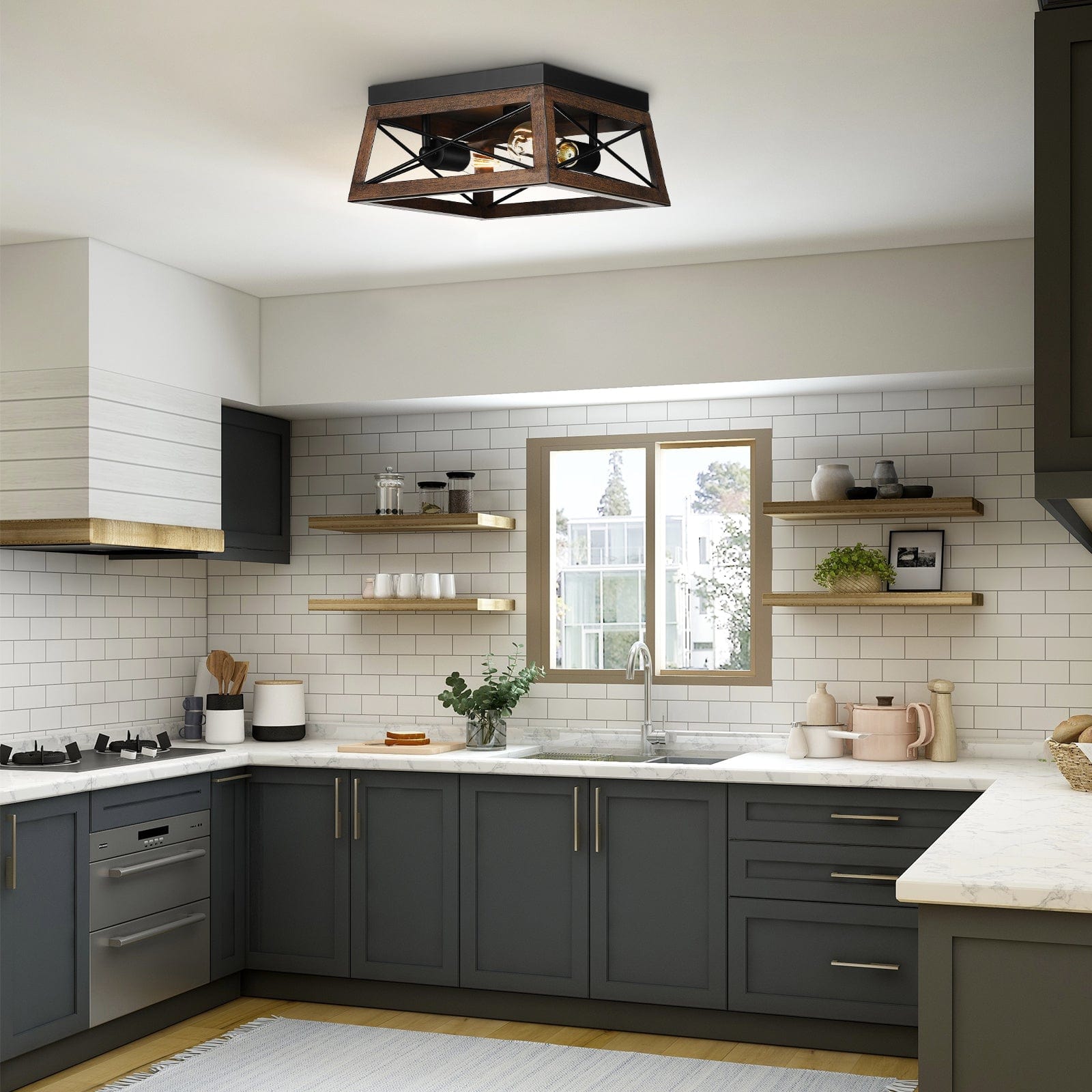 DEWENWILS Farmhouse Ceiling Light Fixture, Metal Flush Mount Ceiling Light with Wood Grain Finish, 2-Lights Ceiling Lamp for for Hallway, Entryway, Kitchen, Foyer-HFCL02B