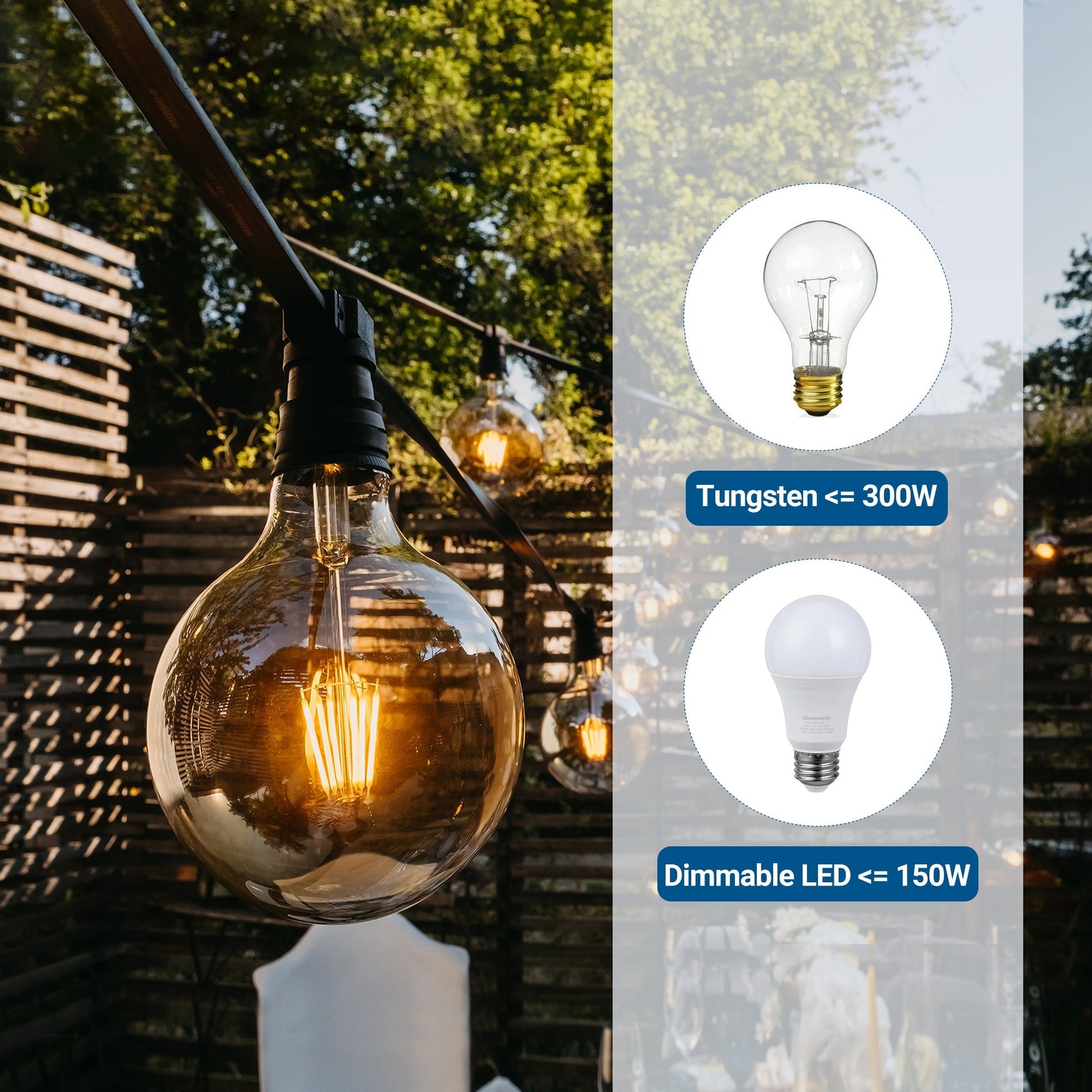 Outdoor dimmer: Supports dimmable LED bulbs up to 150W and tungsten bulbs up to 300W.