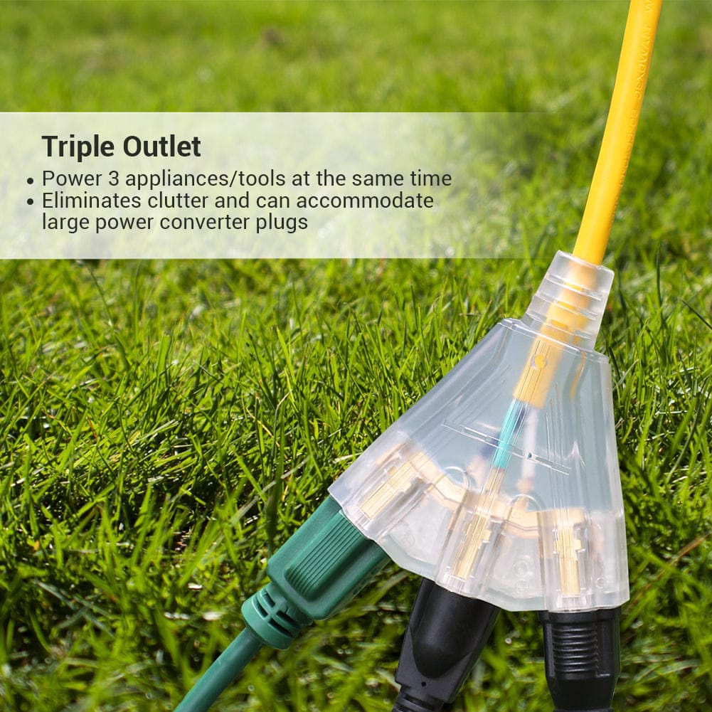 DEWENWILS 25ft Tri-Tap Extension Cord Splitter, 14/3 Gauge Heavy Duty Power Cable, SJTW 15 Amp for Multiple Appliances, LED Lighted Plug-HTOY25H