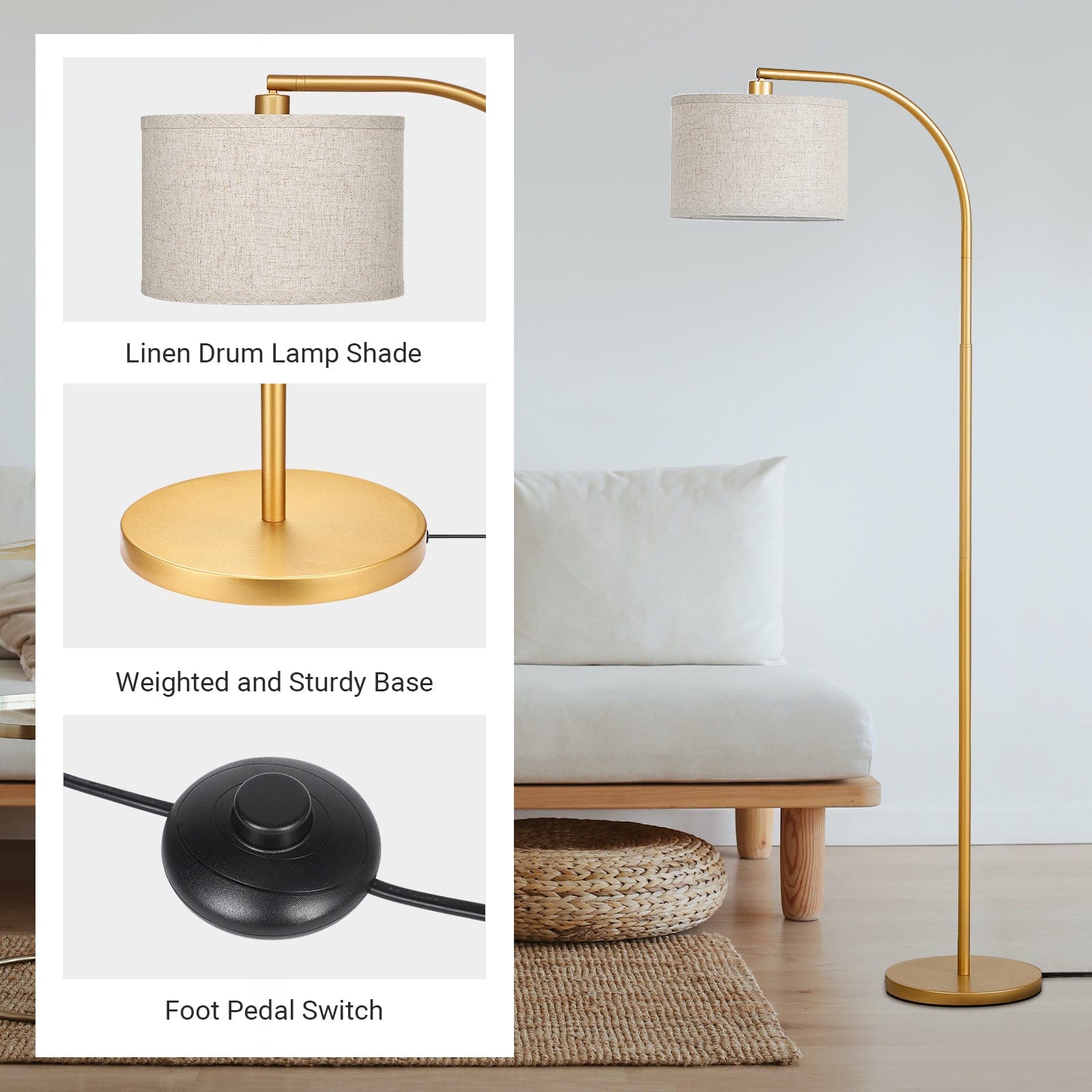 DEWENWILS Modern Gold Arched Floor Lamps with Adjustable Lampshade, Standing Tall Arc Lamp, Corner Reading Light for Living Room, Bedroom, Office, Simple Design Farmhouse Style (Gold)-HLFL04F