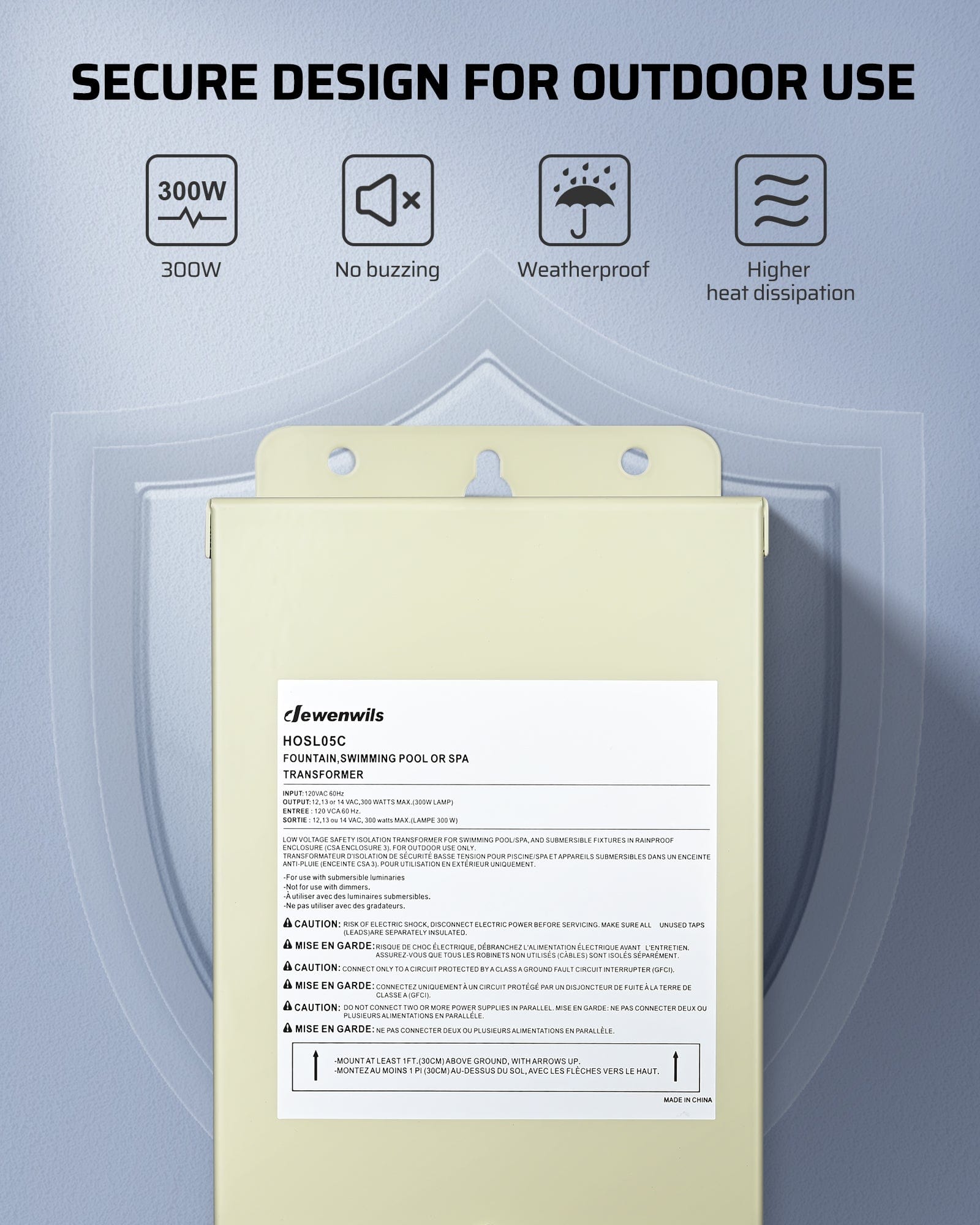 DEWENWILS 300W Low Voltage Transformer features a secure design for outdoor use, no buzzing, weatherproof, high heat dissipation, and reliable 300W power