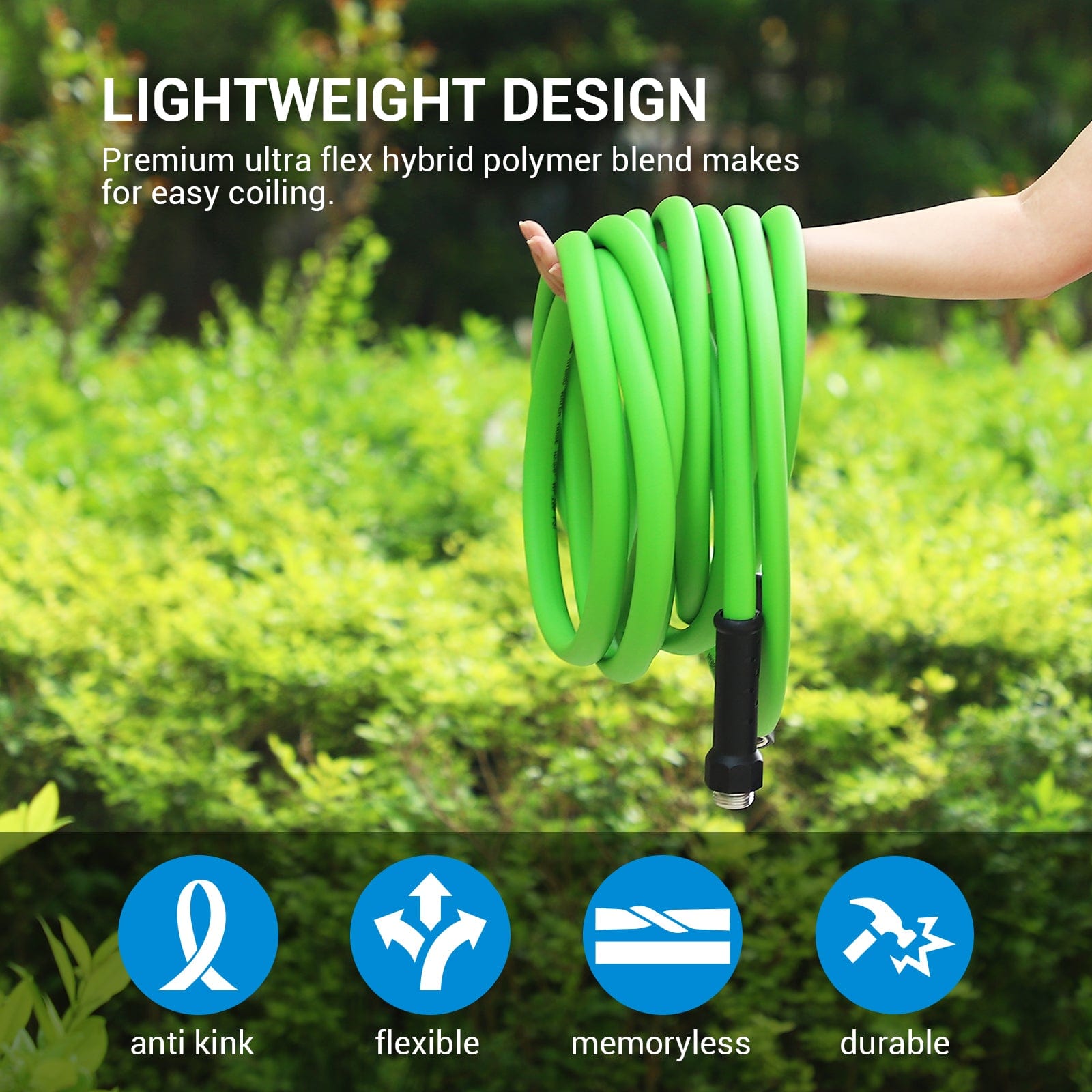 Garden Hose: lightweight, ultra-flex hybrid polymer hose, easy to coil, anti-kink, flexible, memoryless, and durable