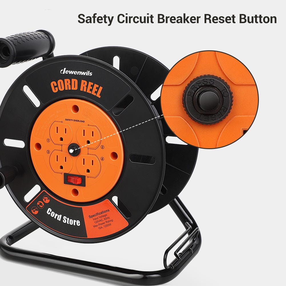 Extension Cord Storage Reel: Features 4 grounded integrated outlets, a manual winding handle, and a 10A safety circuit breaker with a reset button for secure use.