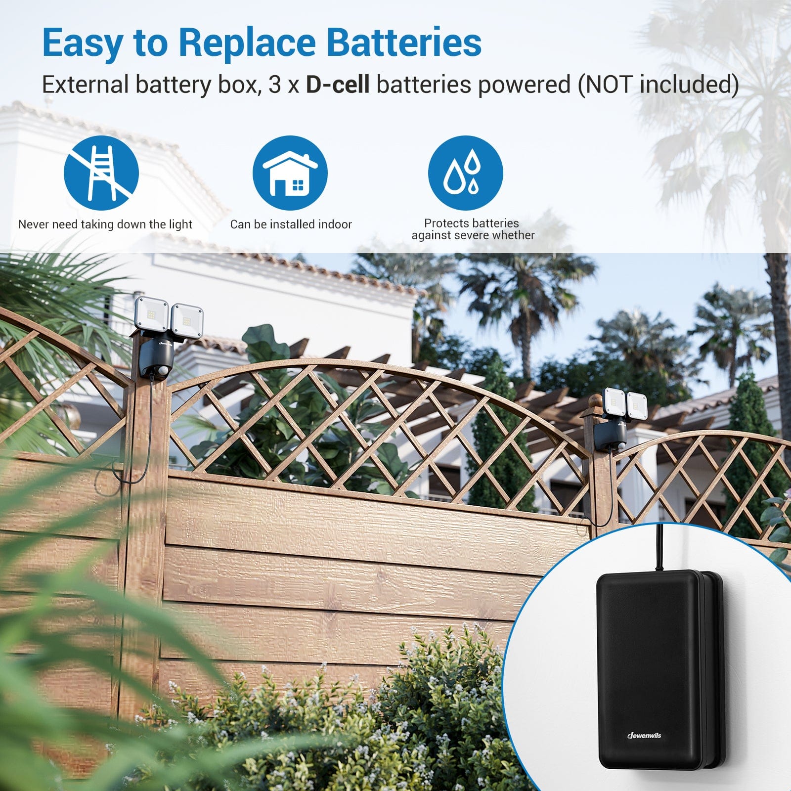 DEWENWILS Outdoor Motion Sensor Light, Battery Powered Flood Light, LED Security Light with 2 Adjustable Heads, 800LM 6000K Super Bright, IP44 Waterproof Auto ON/Off for Garage, Yard, Porch-HHSL02A