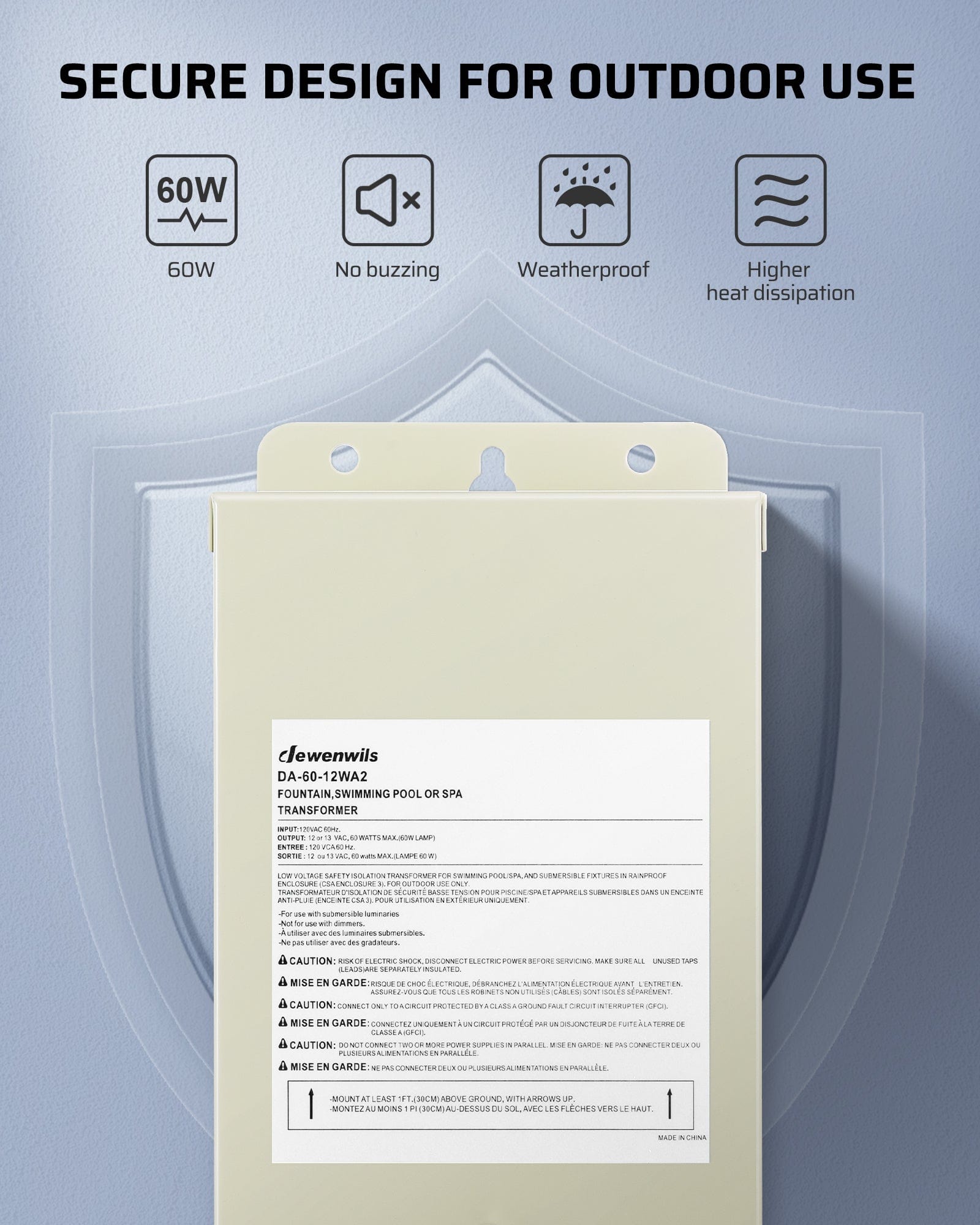 DEWENWILS 60W Pool Light Low Voltage Transformer, secure outdoor design, weatherproof, no buzzing, with high heat dissipation