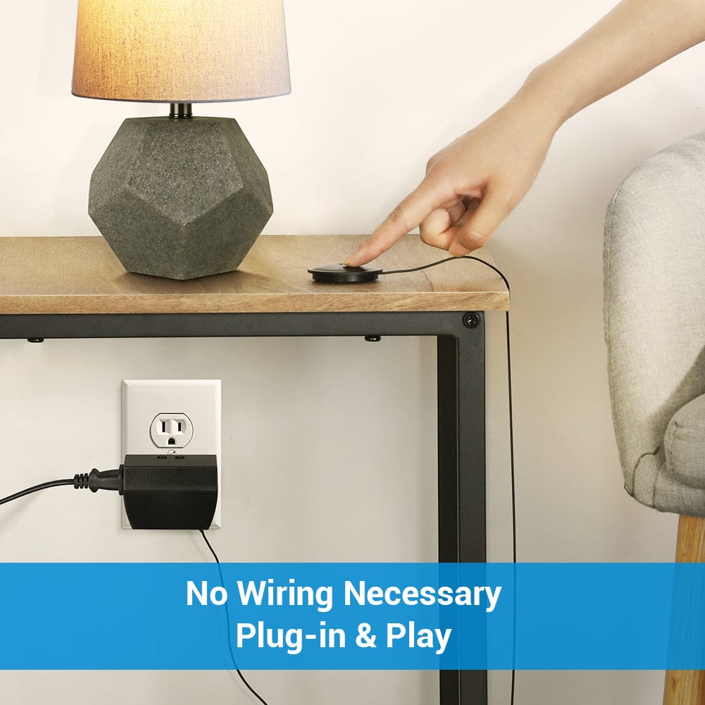 Dimmer switch features no-wiring, plug-and-play setup with a touch pad, anti-slip base, and side outlet for effortless 3-level control of LED/incandescent lights