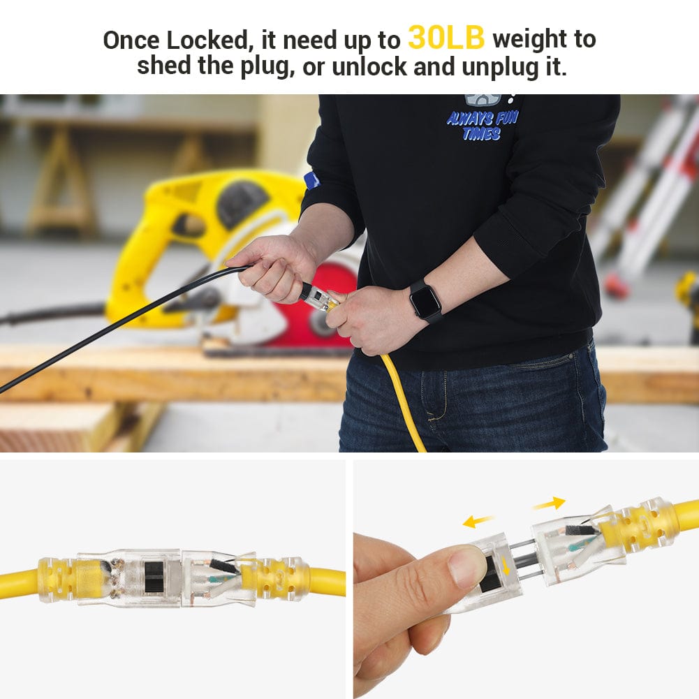 DEWENWILS 15ft Indoor/Outdoor Extension Cord with Lock, 12/3 Gauge SJTW 15 Amp Yellow Outer Jacket Contractor Grade Heavy Duty Anti-Shedding Power Cable with LED Lighted Plug-HLCY15A