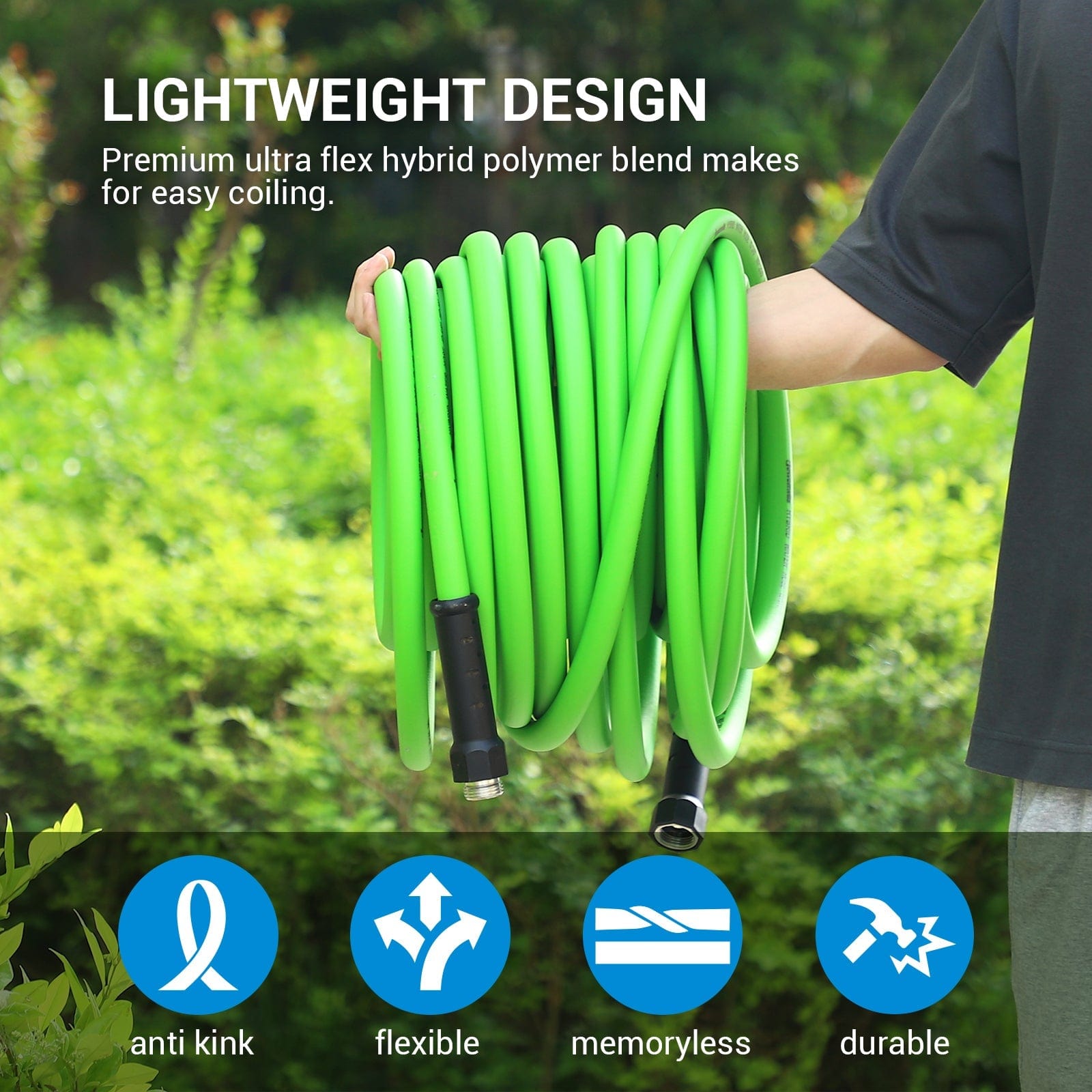 100ft Garden Hose: lightweight ultra-flex hybrid polymer design for easy coiling anti-kink flexible memoryless and durable