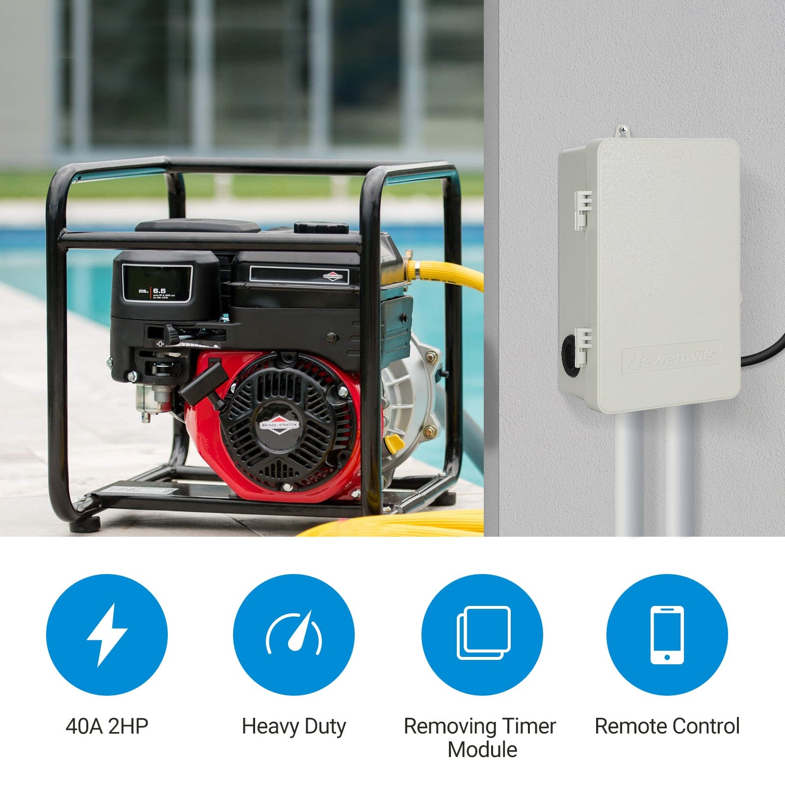 DEWENWILS pool timer: Features a 40A/2HP rating for high-power loads. Includes a removable timer module for easy remote control and maintenance access.