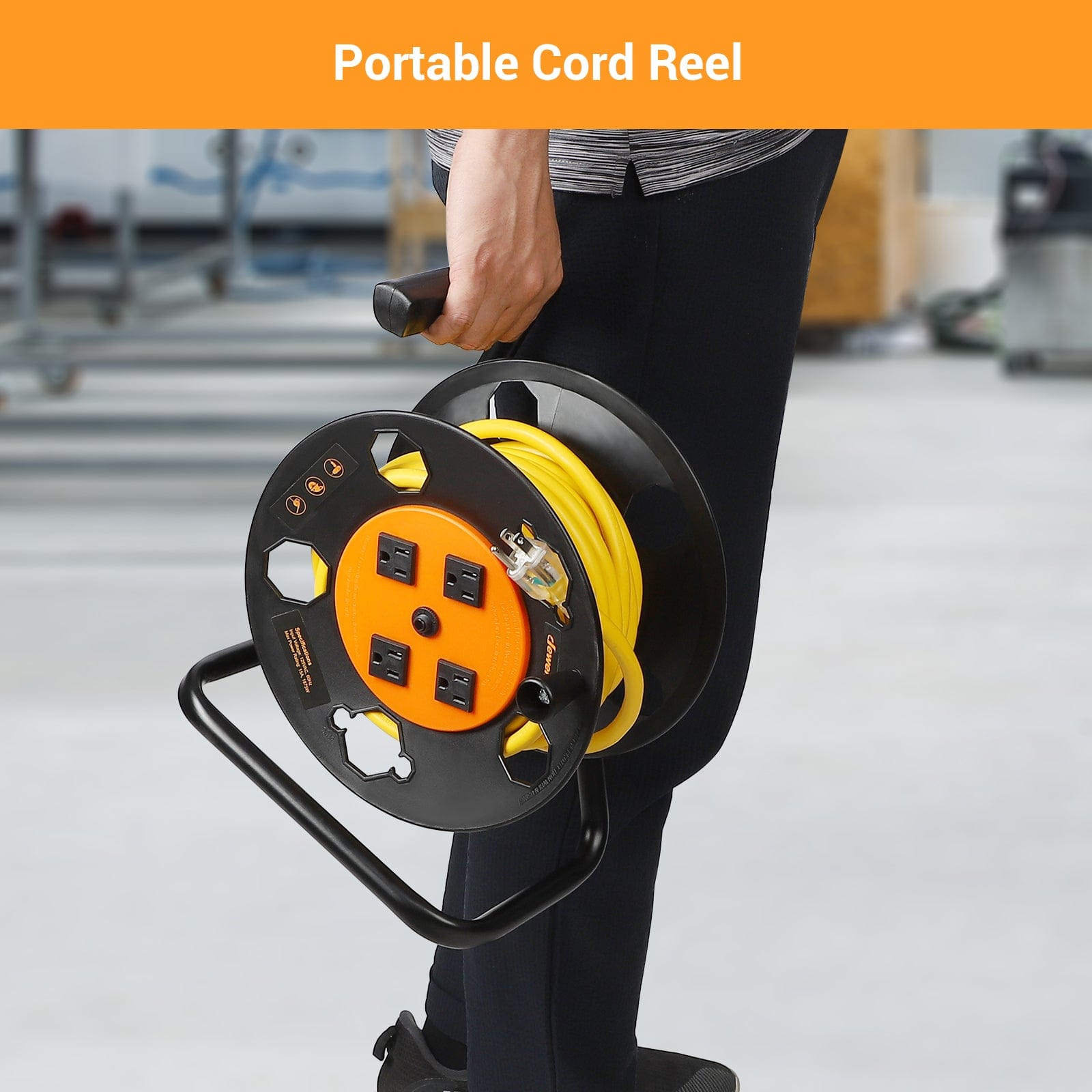 Extension Cord Storage Reel: Portable hand-wind design with 4 grounded integrated outlets, 15A/1875W rating, and safety circuit breaker with reset button for storage.