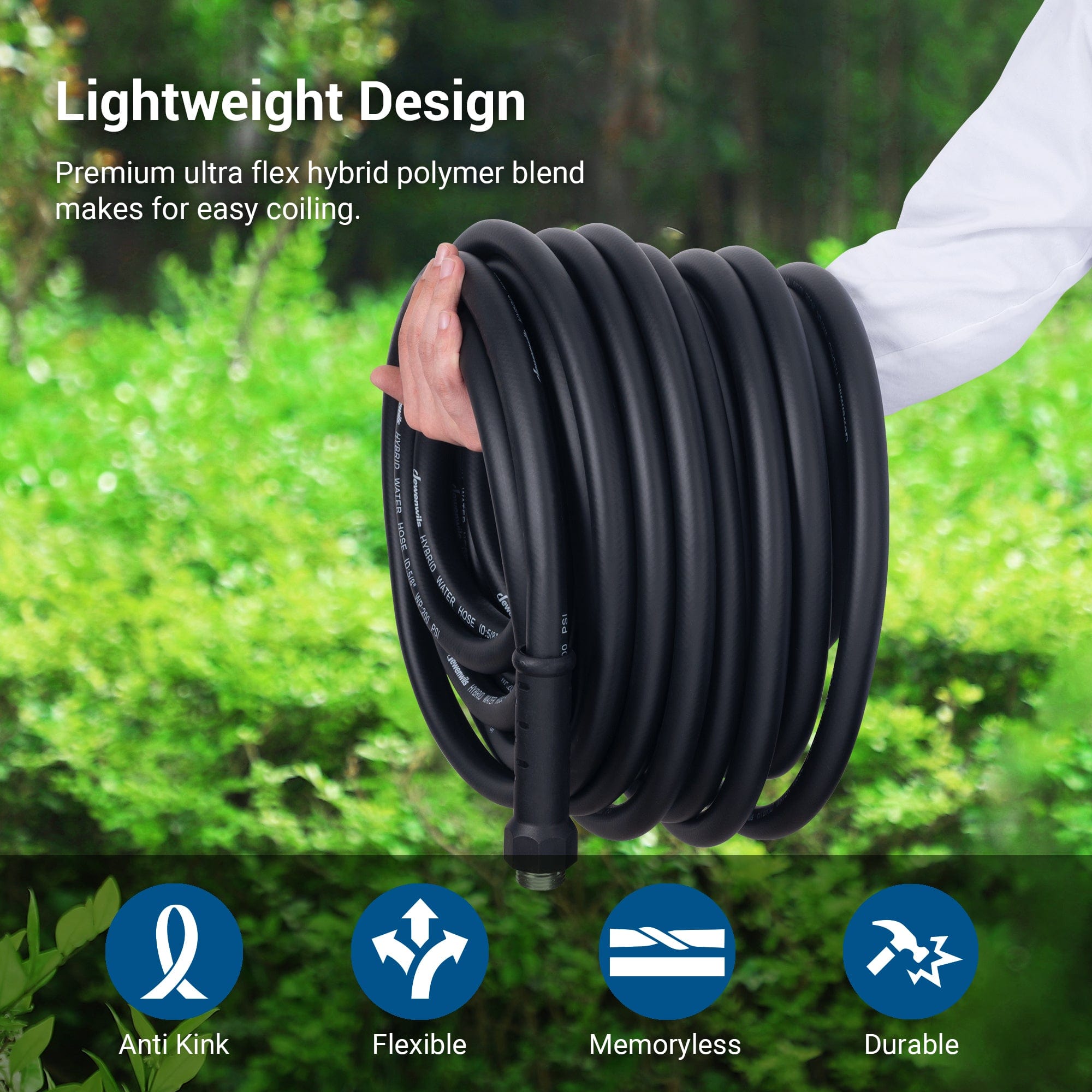 75ft Garden Hose: Lightweight hybrid polymer design allows easy coiling, remains flexible, anti-kink, memoryless, and durable for everyday use
