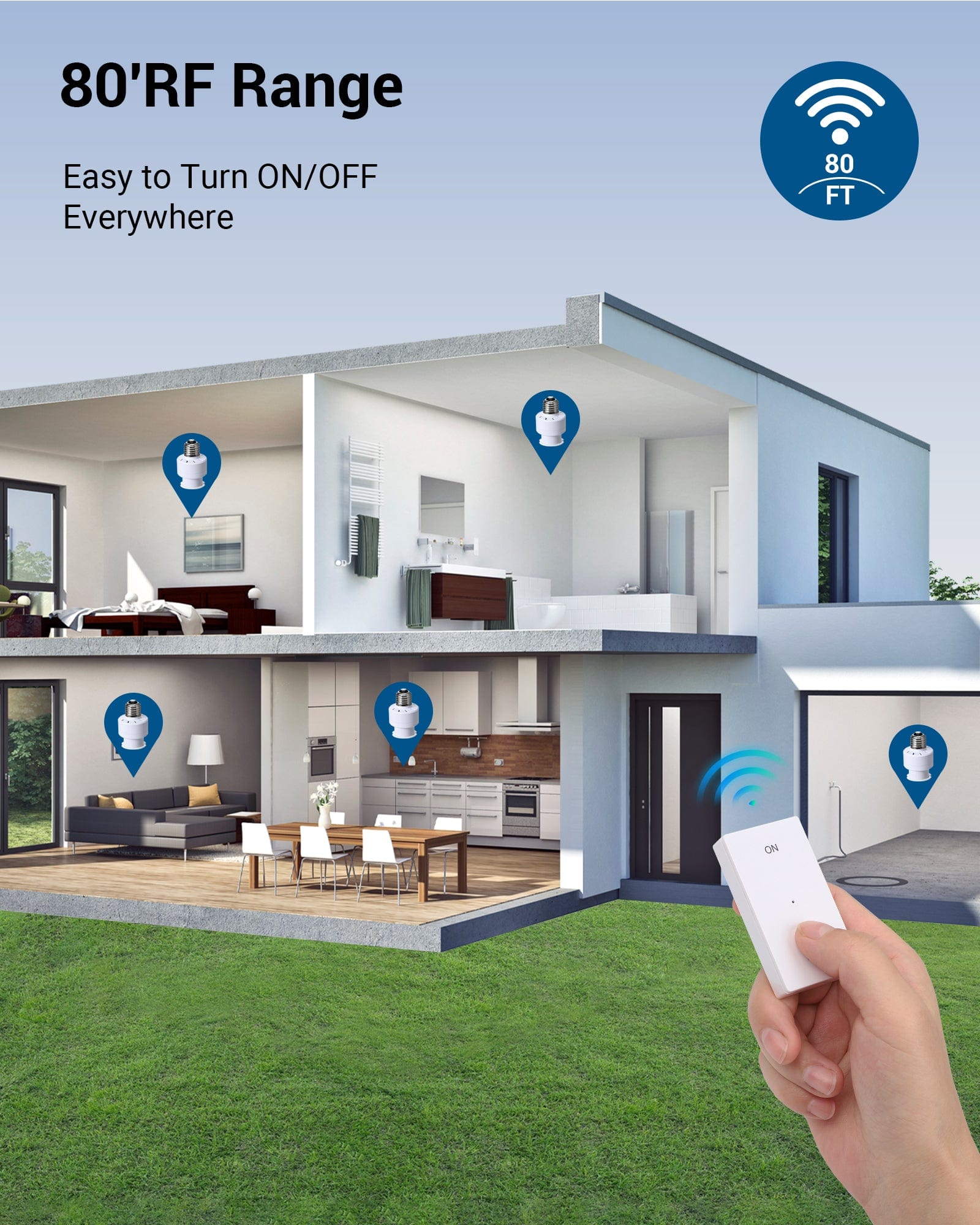 Light Socket to Plug Adapter: Features an 80-ft RF range for easy on/off control from anywhere.