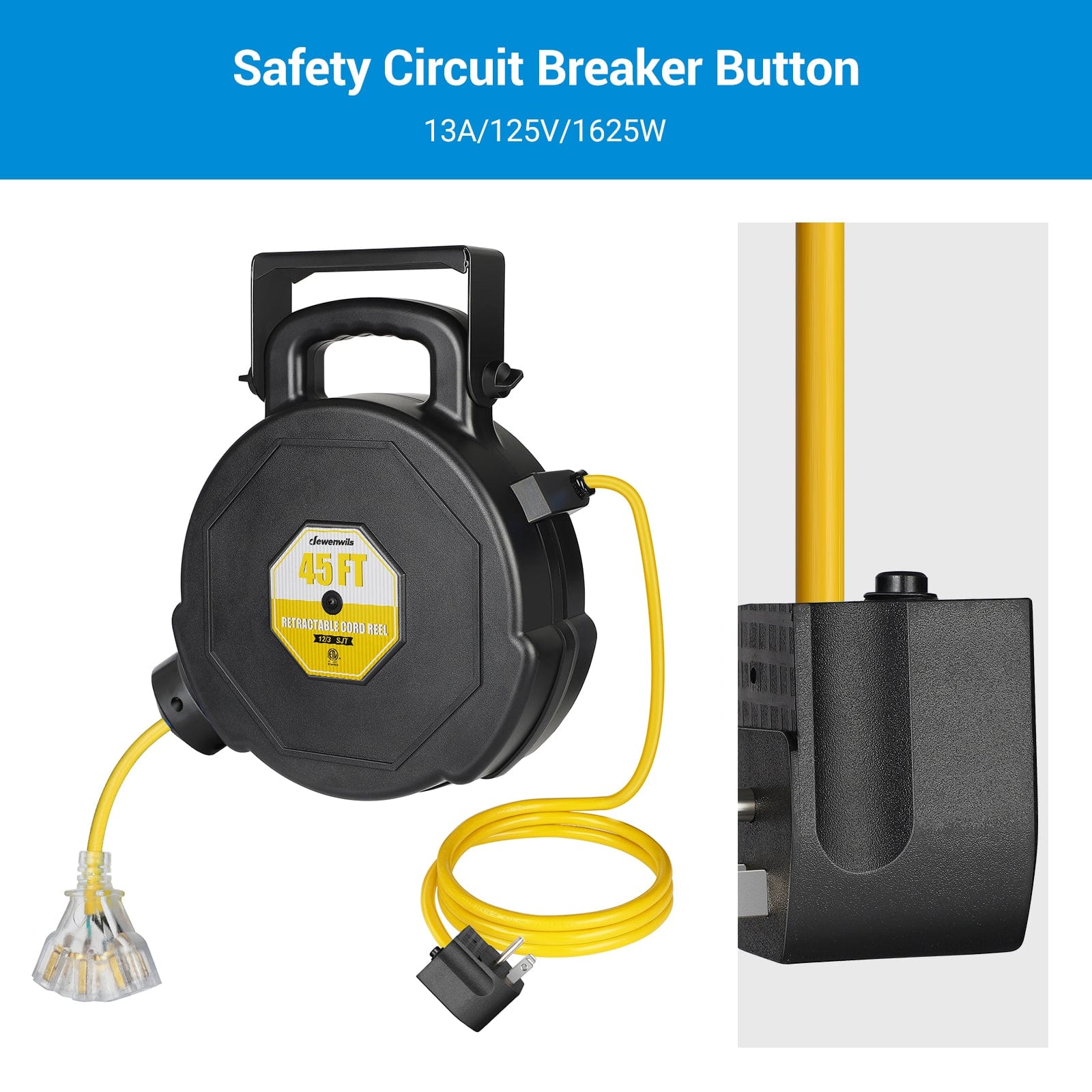 45ft retractable extension cord reel with safety circuit breaker button and 13A/125V/1625W power rating
