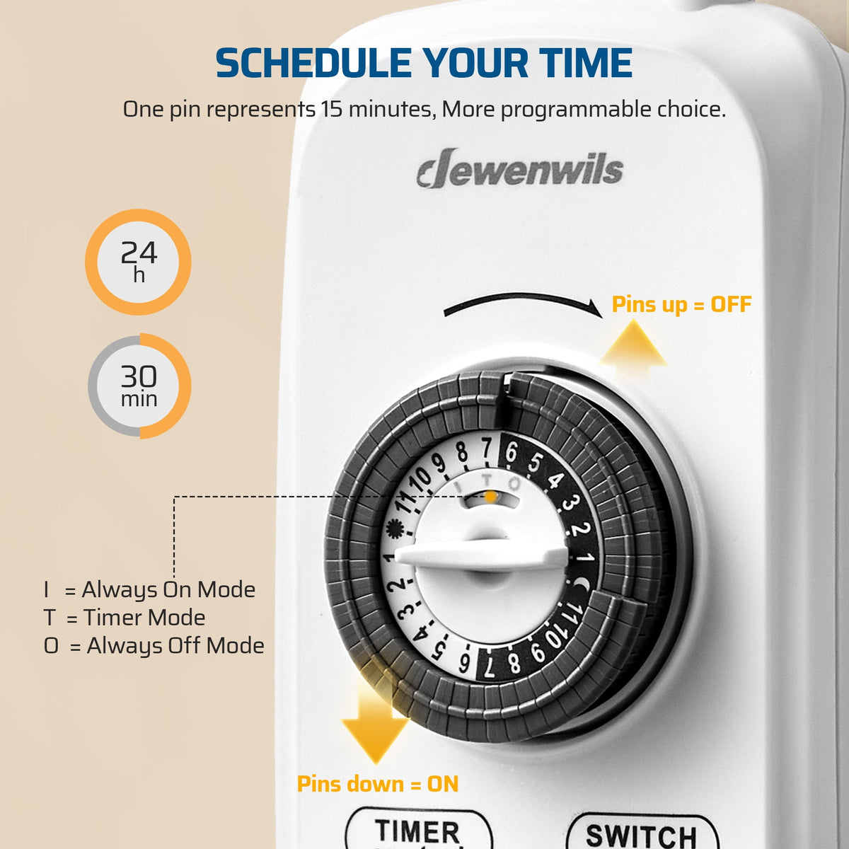 DEWENWILS Mechanical Timer Power Strip with 8 Outlets, Flat Plug, 6ft Long Cord, Overload Protection, Indoor Timer for, Bearded Dragon Tanks, Aquarium, Grow Lights, Plants, Reptile Light