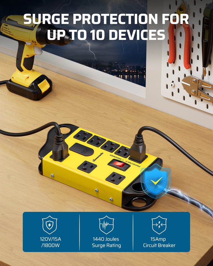 8-Outlet Surge Protector Power Strip with 2 USB Ports (2.1A Each) - 1440J Surge Protection, Circuit Breaker, 6FT Heavy Duty SJT 14/3C Cord, Flat Plug, 120V AC/5V DC Power Strip for Home