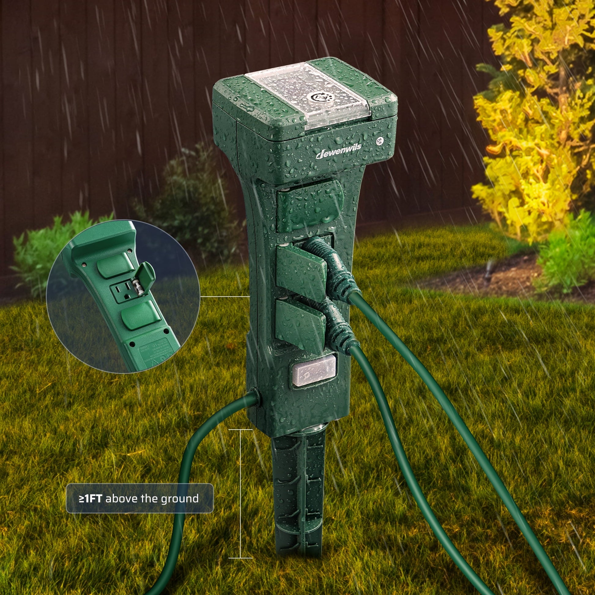 Outdoor Power Stake With Timer: Designed to sit 1ft above the ground to keep outlets safe from moisture and ensure easy access for outdoor connections.