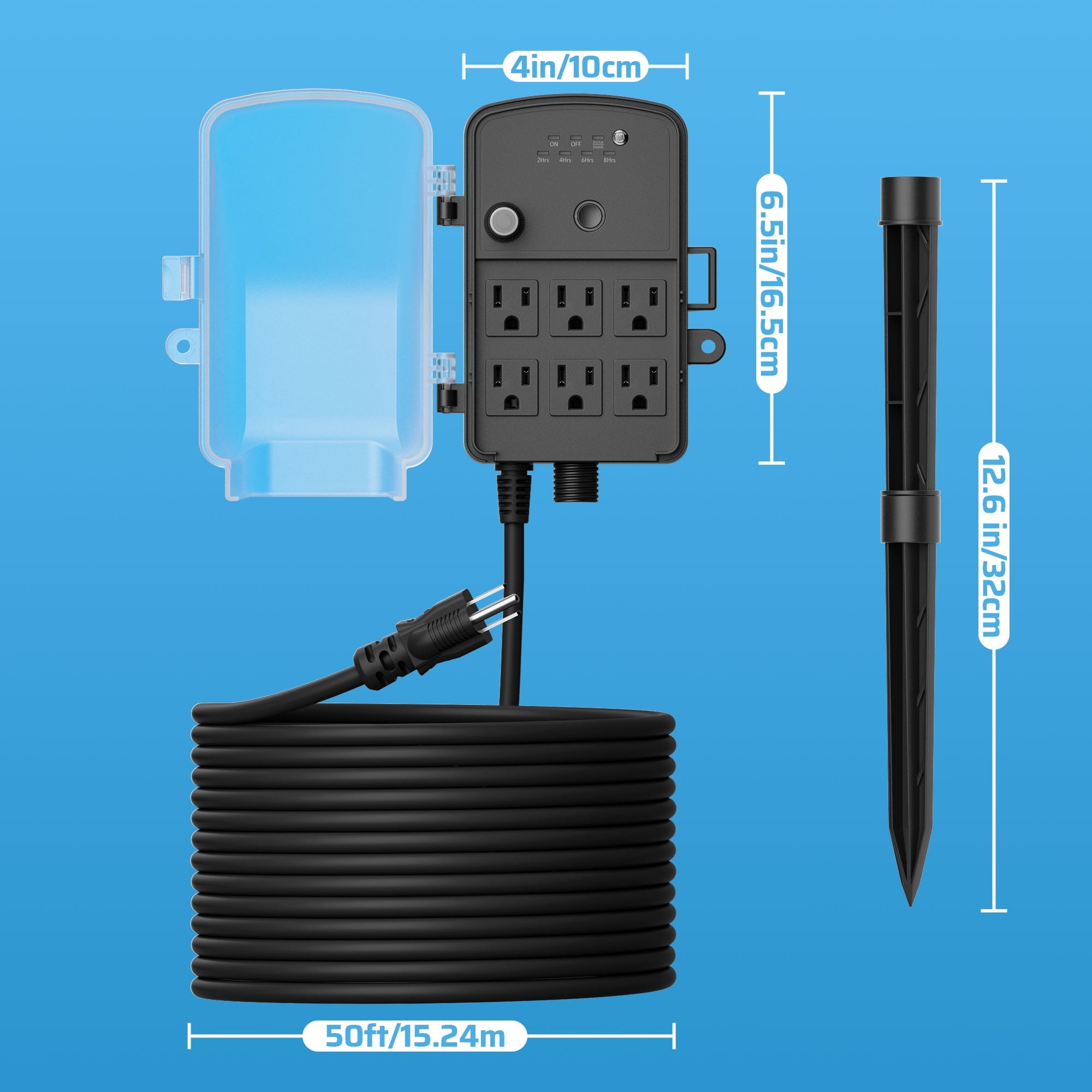 DEWENWILS 50FT Outdoor Power Stake Timer with 6 Outlets, 125VAC 15A, Light Sensor & Overload Protection, 4 Modes (Always On/Off/Photocell/Timer), Weatherproof, Black