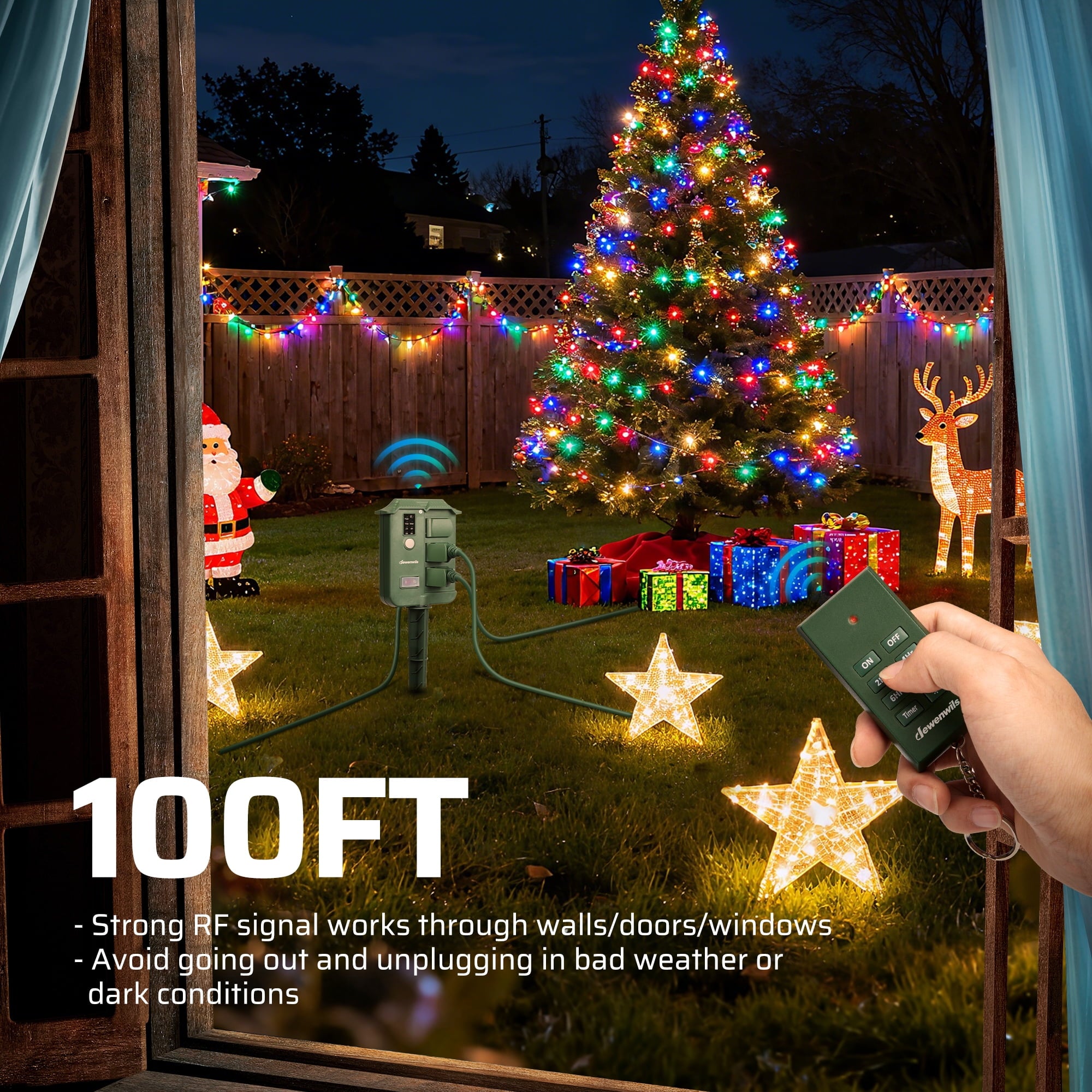 Outdoor Power Stake With Timer: Features a powerful 100ft range RF remote that functions through walls, doors, and windows, allowing you to manage your devices comfortably from indoors and avoid braving bad weather or dark conditions.