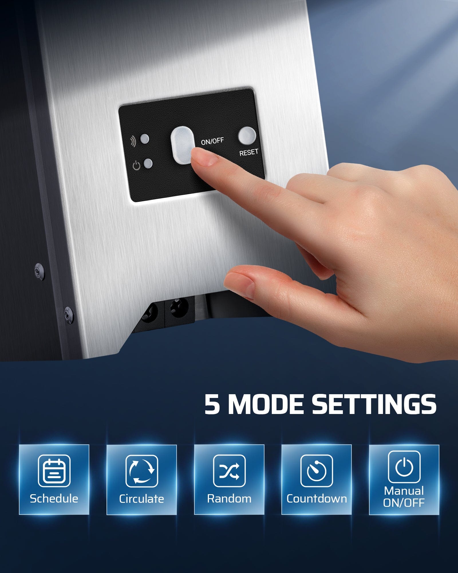 DEWENWILS 120W Low Voltage Transformer offers 5 mode settings: Schedule, Circulate, Random, Countdown, and Manual ON/OFF for versatile outdoor lighting control.