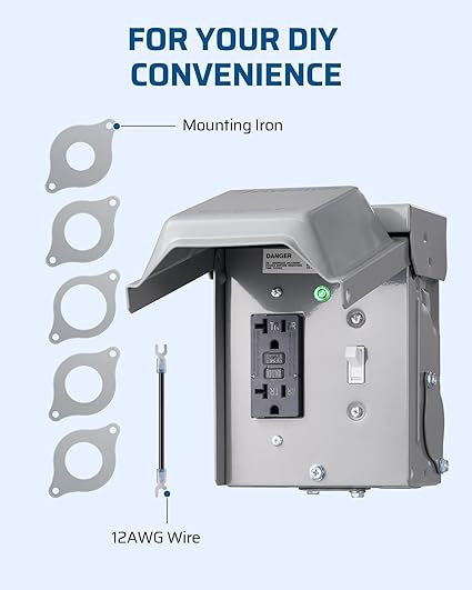 Outdoor Receptacle Box: Features a 12 AWG wire and integrated mounting iron, specifically designed for DIY convenience and secure, reliable electrical connections.