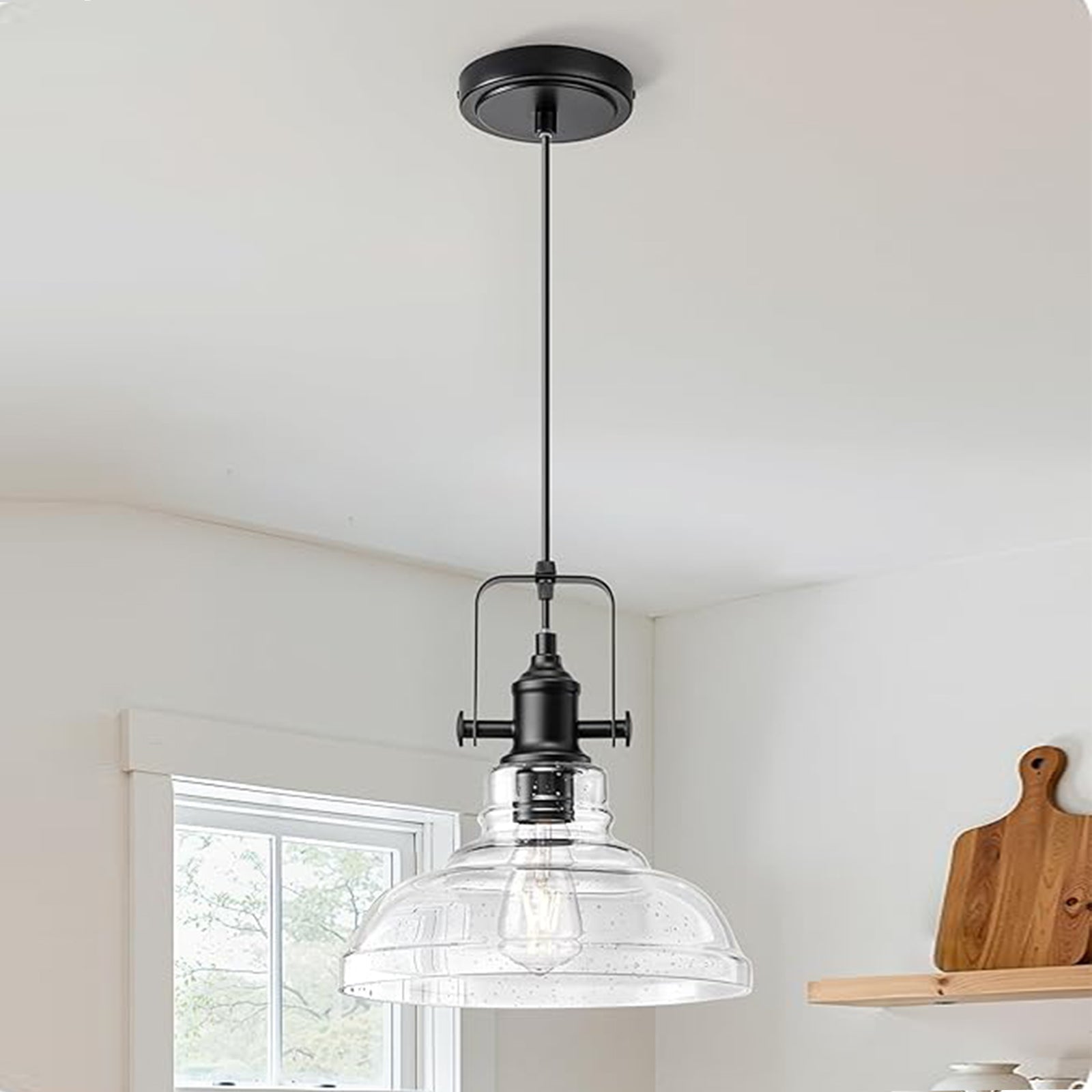 EDISHINE Farmhouse Pendant Lights Kitchen Island, Clear Seeded Glass Shade Hanging Light, Industrial Black Matte Finish, Modern Pendant Light Fixtures with Open Shade, E26 Base, Over Island Bar - HHPL21C