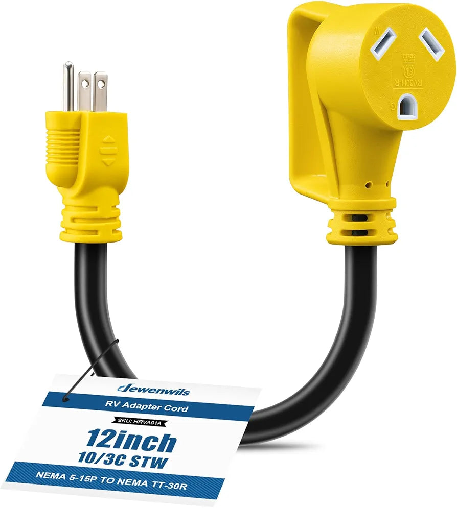 DEWENWILS RV Electrical Adapter, NEMA 5-15P 15 Amp Male Plug to TT-30R 30 Amp Female Receptacle, 10AWG STW Power Adapter Cord, 1 FT Short Extension Cord for Camper Caravan Van Trailer, 125VAC 15A