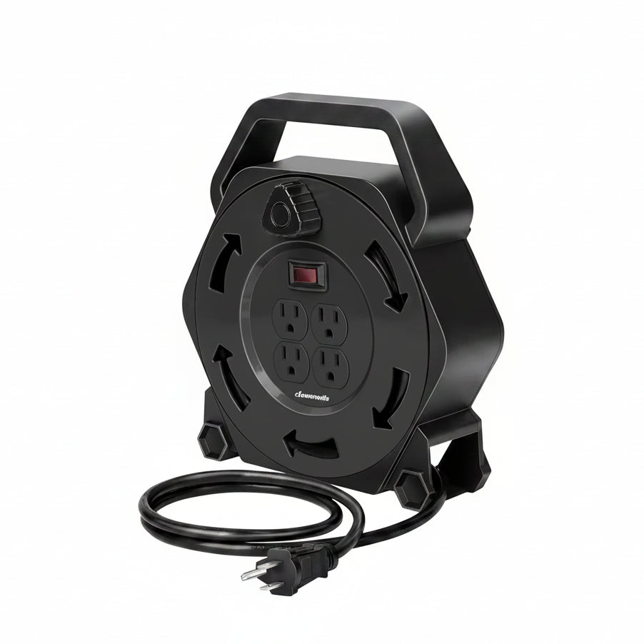 DEWENWILS Extension Cord Reel with 25 FT Power Cord, Hand Wind Retractable, 16/3 AWG SJTW, 4 Grounded Outlets, 13 Amp Circuit Breaker, Black, UL Listed - SHCRB25S