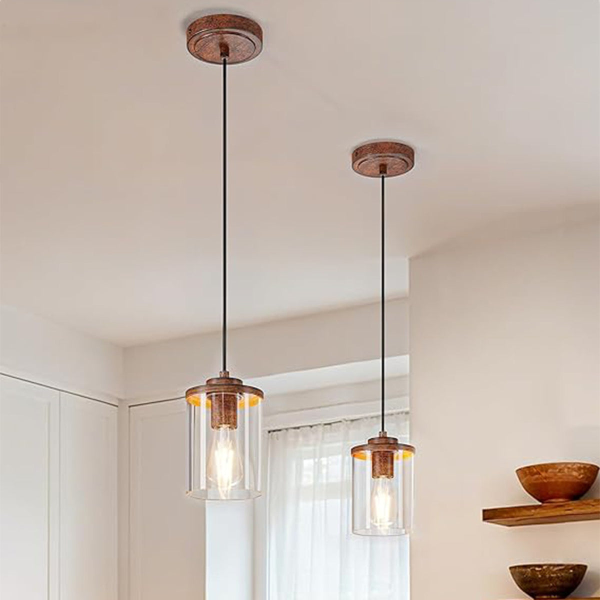 EDISHINE Modern Pendant Lights Kitchen Island, Clear Glass Shade, Farmhouse Adjustable Hanging Light with Wooden Grain Finish, E26 Base, Hardwired, for Dining, Sink, Bathroom, Hallway, Walnut, 2 Pack - HHPL23A