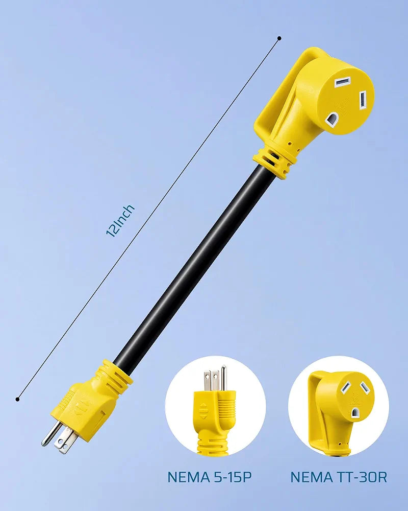 DEWENWILS RV Electrical Adapter, NEMA 5-15P 15 Amp Male Plug to TT-30R 30 Amp Female Receptacle, 10AWG STW Power Adapter Cord, 1 FT Short Extension Cord for Camper Caravan Van Trailer, 125VAC 15A