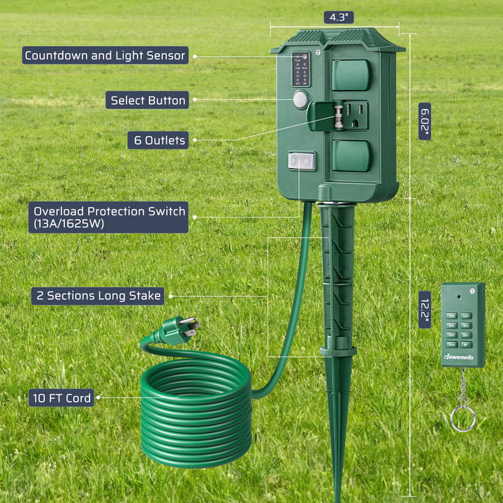 DEWENWILS 6-Outlet Outdoor Power Stake Timer with 10FT Cord, 100FT Control Range, Green