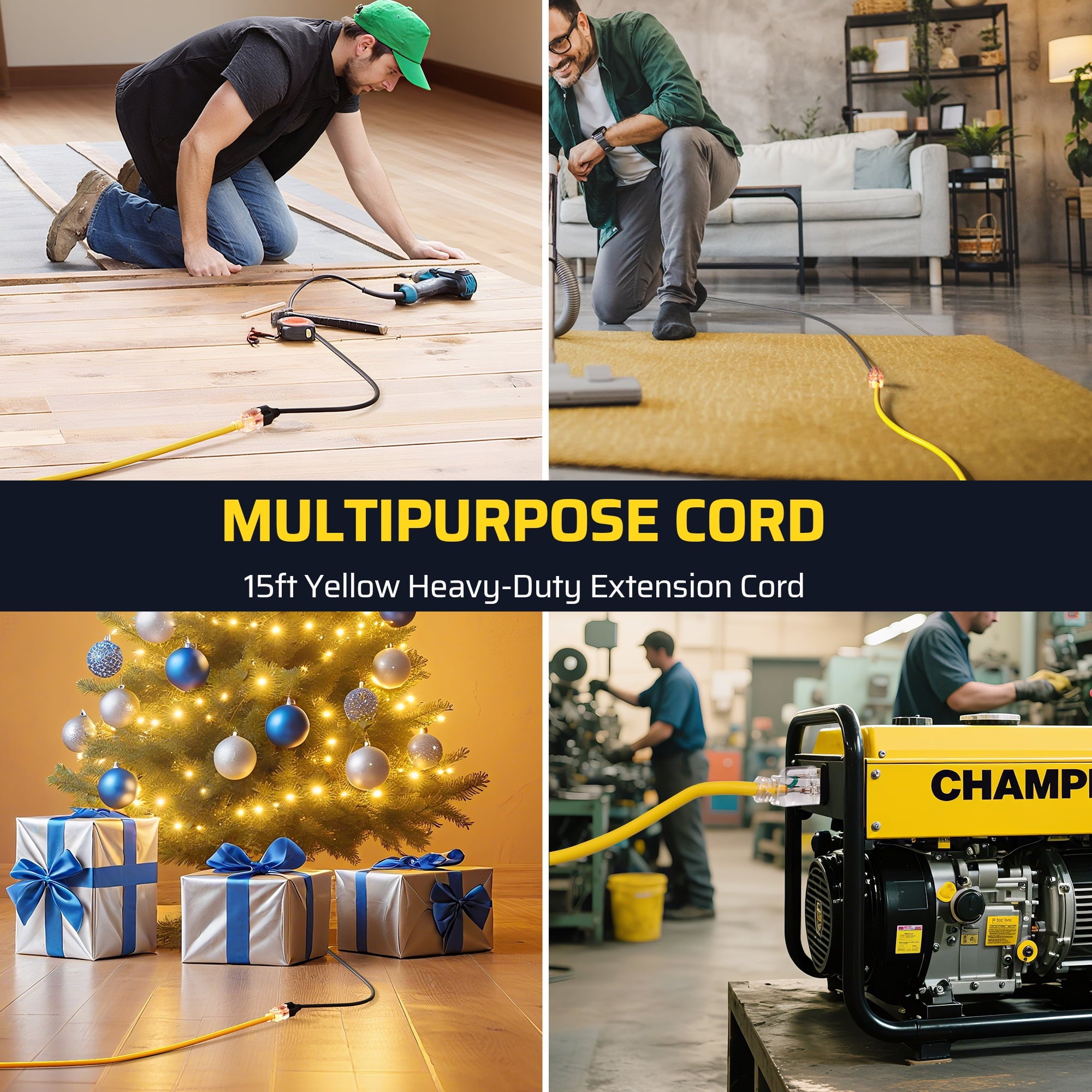 DEWENWILS 2 Pack 15ft Yellow Extension Cord 16/3 Gauge 3 Prong Outlet with Indicator Light SJTW