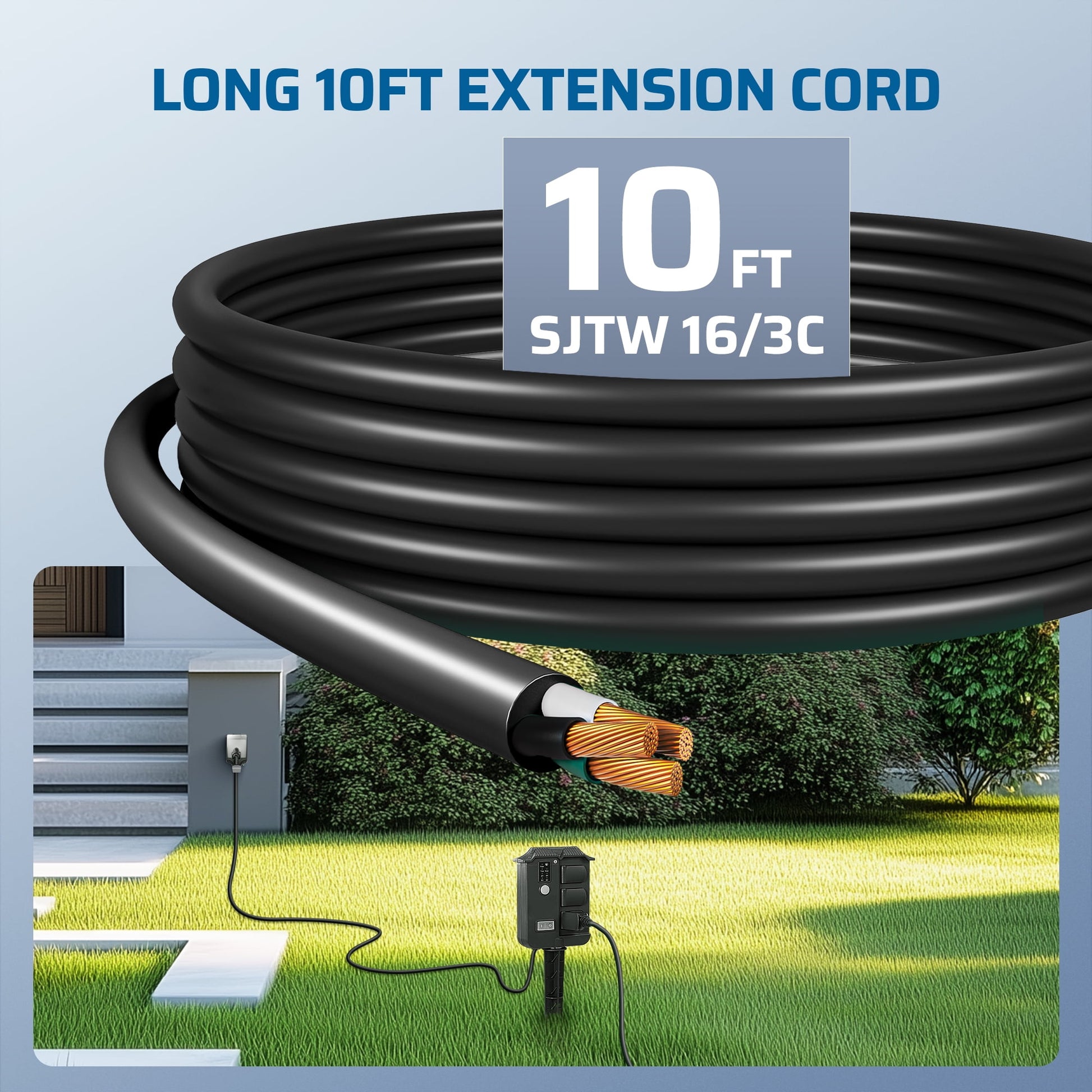 Outdoor Power Stake With Timer: Includes a 10ft 16/3C SJTW heavy-duty extension cord for extended reach and durable outdoor power connectivity.