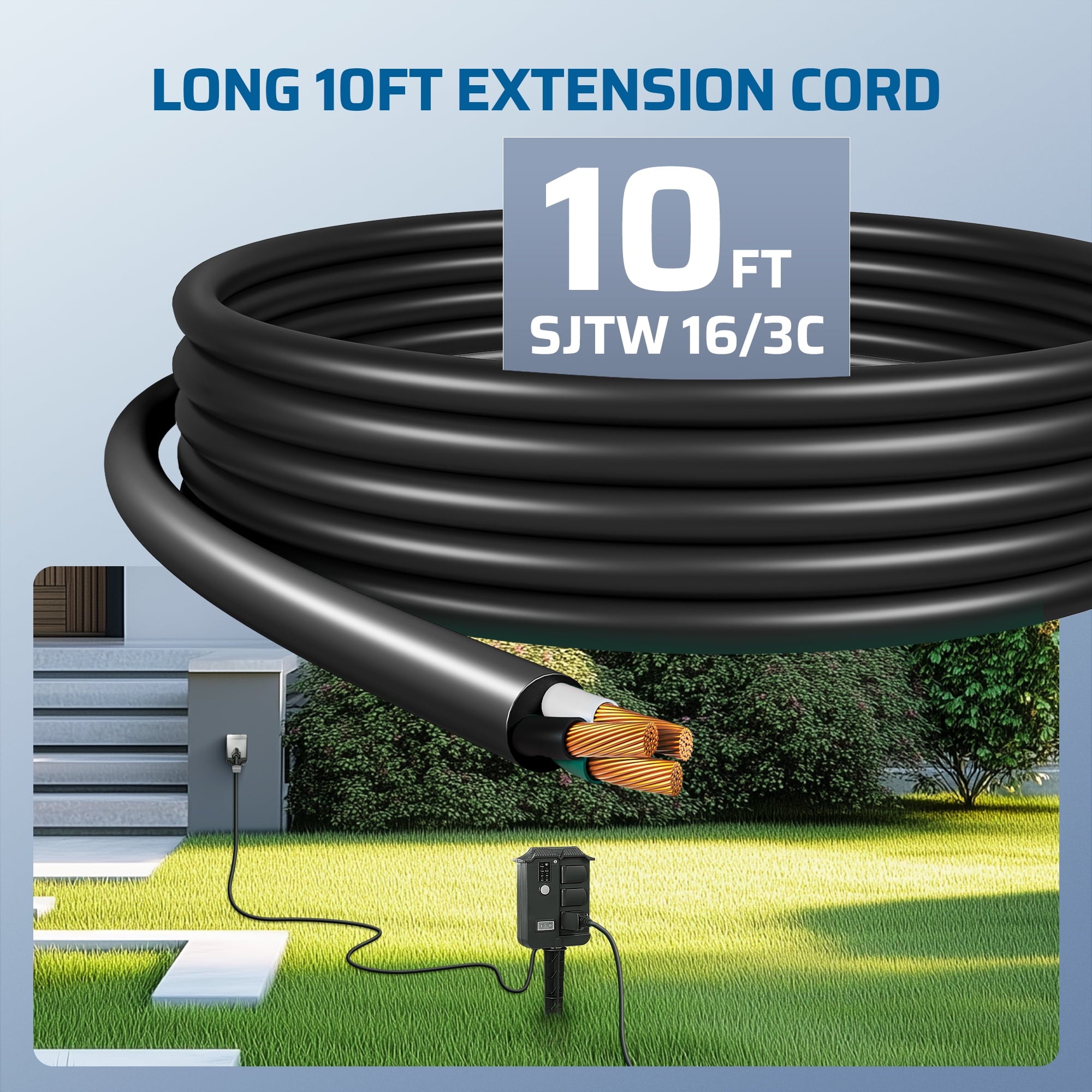 Outdoor Power Stake With Timer: Includes a 10ft 16/3C SJTW heavy-duty extension cord for extended reach and durable outdoor power connectivity.