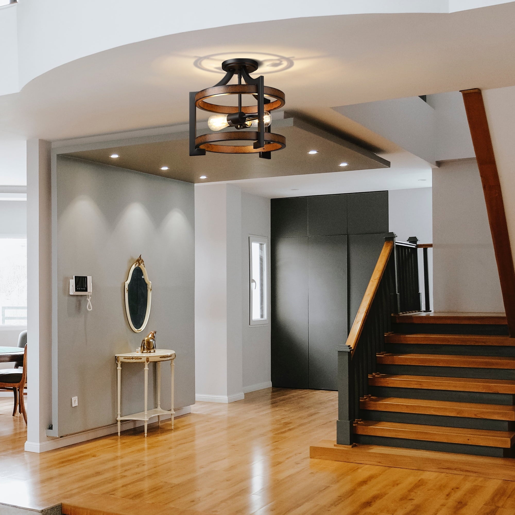 EDISHINE Ceiling Pendant Light, Farmhouse Ceiling Light Fixture, Metal Wood Grain Finish, 2-Light Pendant Light Fixtures for Hallway, Entryway, Foyer, Dining Room