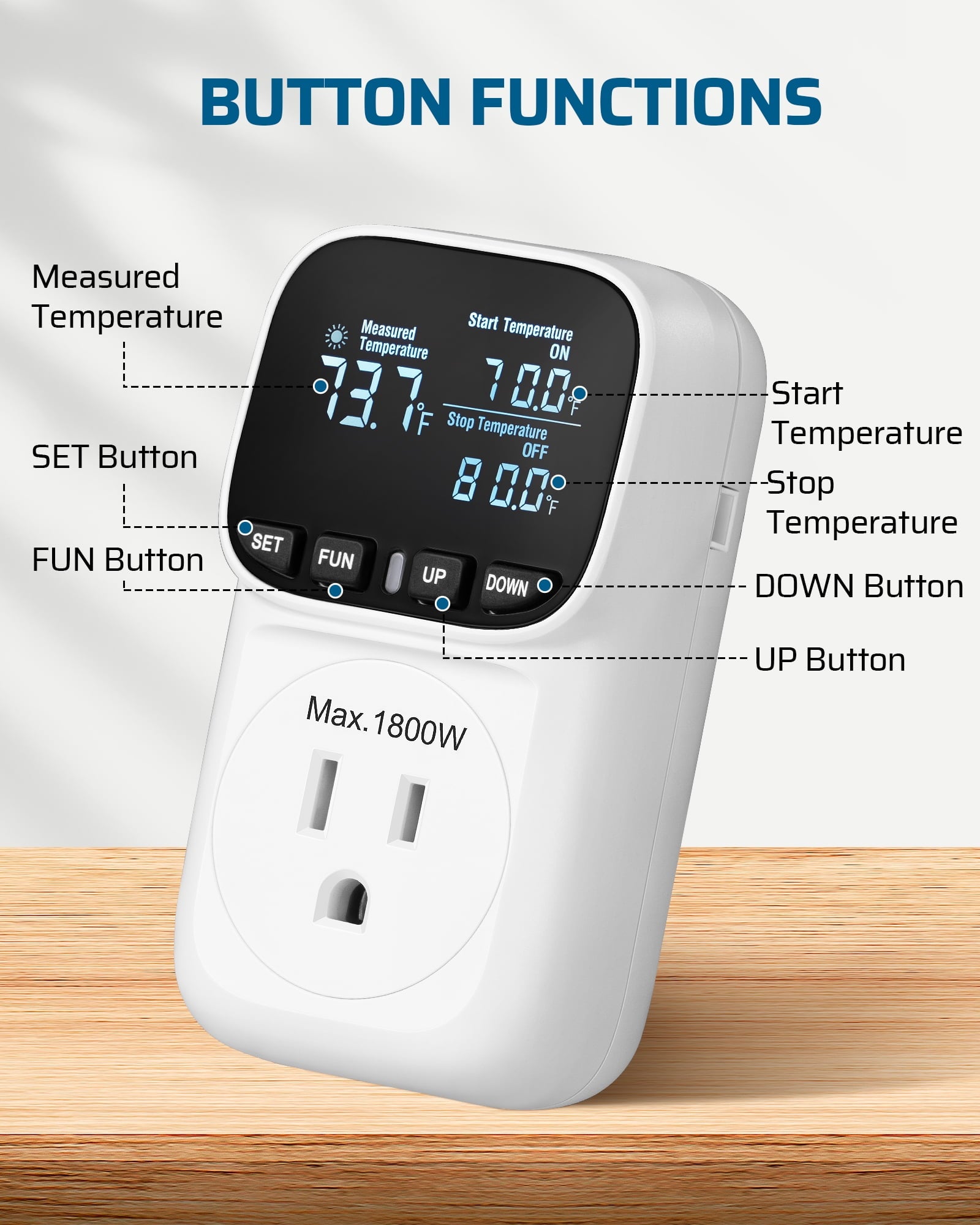 DEWENWILS Digital Temperature Controller, Heavy Duty 15A/1800W Thermostat Outlet Plug, VA Display Heating Cooling Control Timer, -40℉~210℉