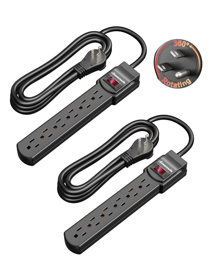 DEWENWILS 2Pack 15A 125V 800J Surge Protector Power Strips 6ft Heavy Duty SJT Cord, 360° Flat Plug, ETL Certified, Black