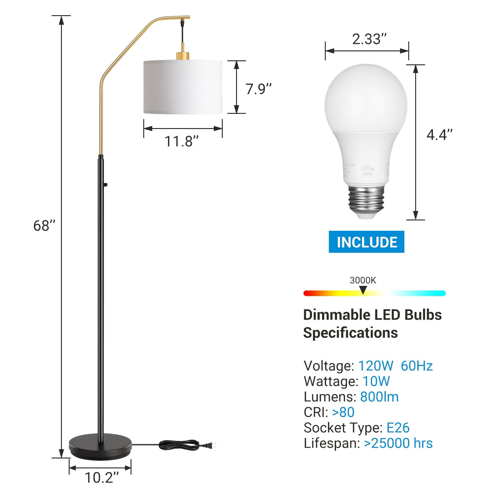DEWENWILS Modern Gold Arched Floor Lamp, Stepless Dimmable Standing Tall Light with Hanging Shade, Corner Arc Reading Lamp for Living Room, Bedroom, Office, Bright 10W LED Bulb Included (Gold)-HLFL04L