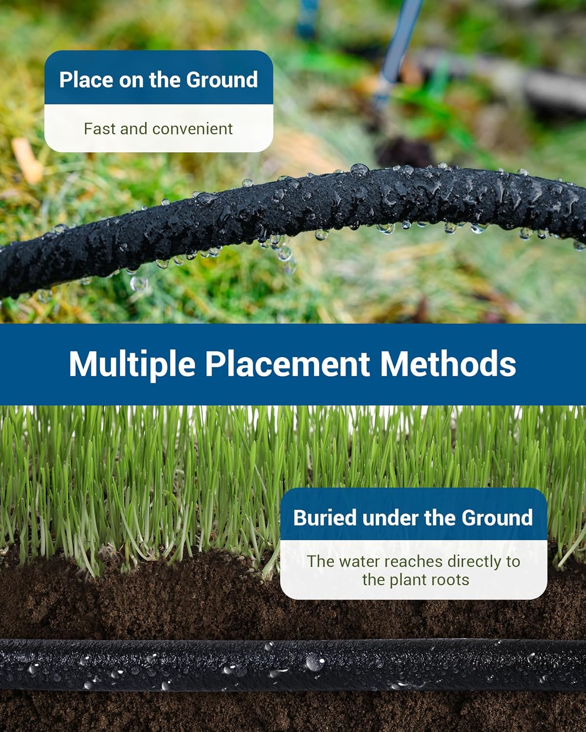 Soaker Hose: place on or bury under the ground for fast, convenient watering that delivers water directly to plant roots