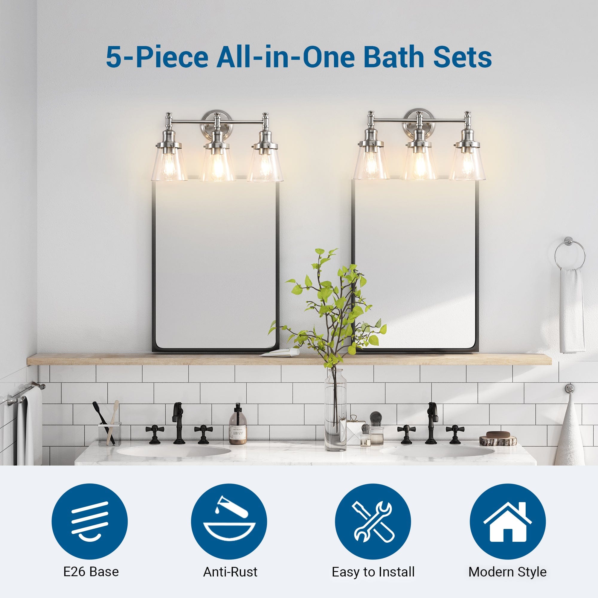 DEWENWILS Bathroom Light Fixtures, 5-Piece All-in-One Bathroom Light Set, 3 Light Brushed Nickel Bathroom Vanity Light with Glass Shades, Towel Bar, Towel Ring, Robe Hook, Toilet Paper Holder-HHVL01E