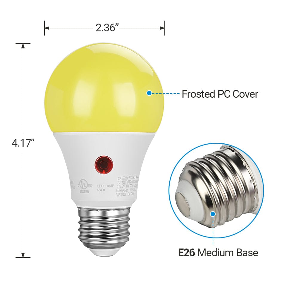 DEWENWILS 4-Pack Yellow Outdoor Light Bulbs, 2000K Amber Glow, Dusk to Dawn Sensor, A19 Yellow Light Bulbs, 9W(60W Equivalent), 600LM, E26 Medium Screw Base, LED Security Bulbs for Porch-HLBA19E