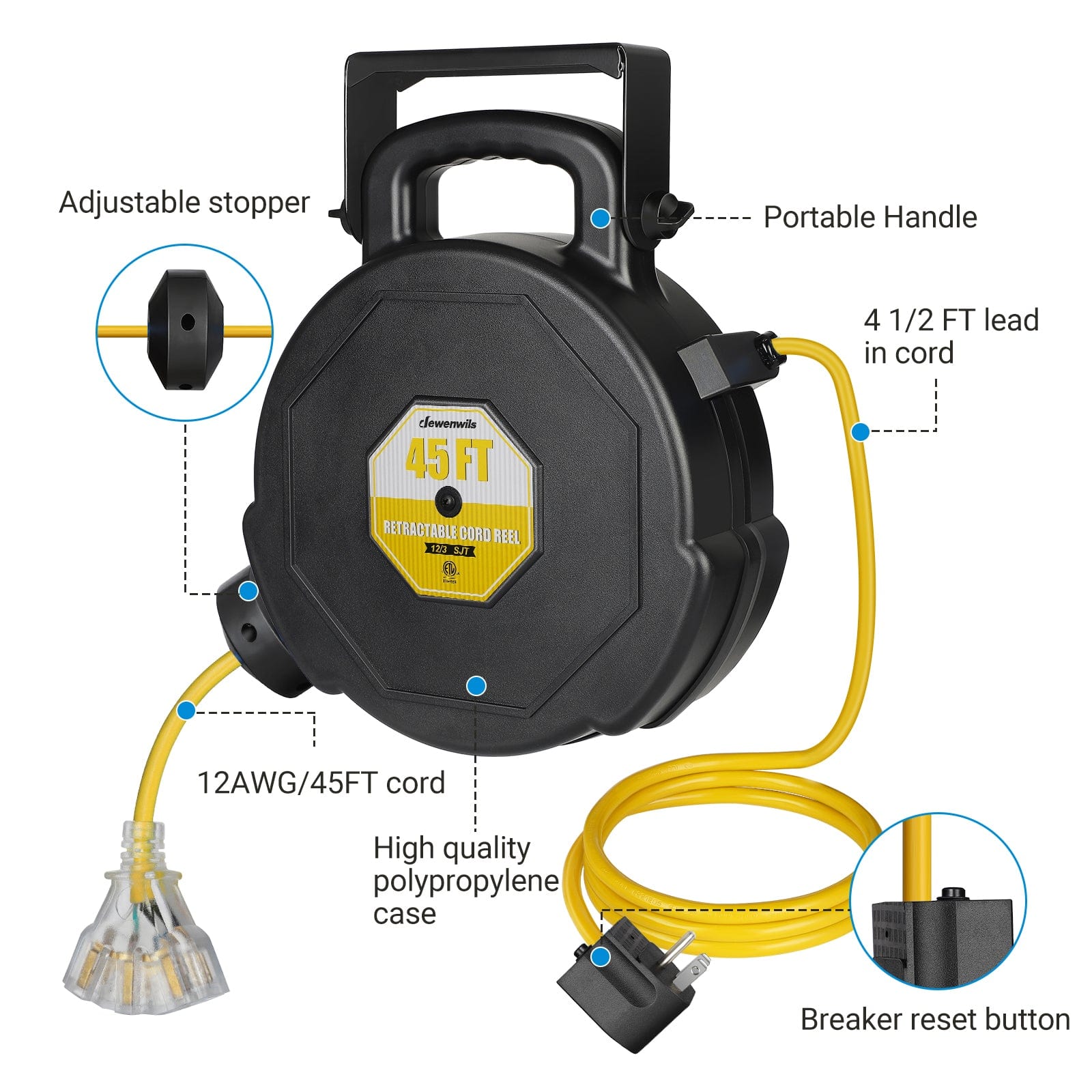 45ft retractable extension cord reel with adjustable stopper, portable handle, 12AWG cord, 13A breaker, high-quality polypropylene case, 4.5ft lead-in cord, and breaker reset button.
