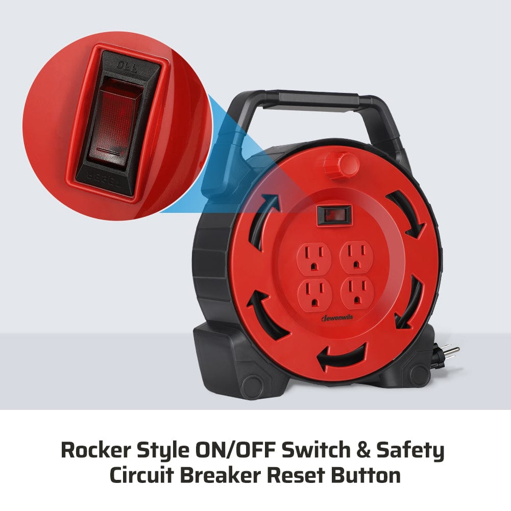 30ft extension cord reel with rocker style ON/OFF switch and safety circuit breaker reset button.