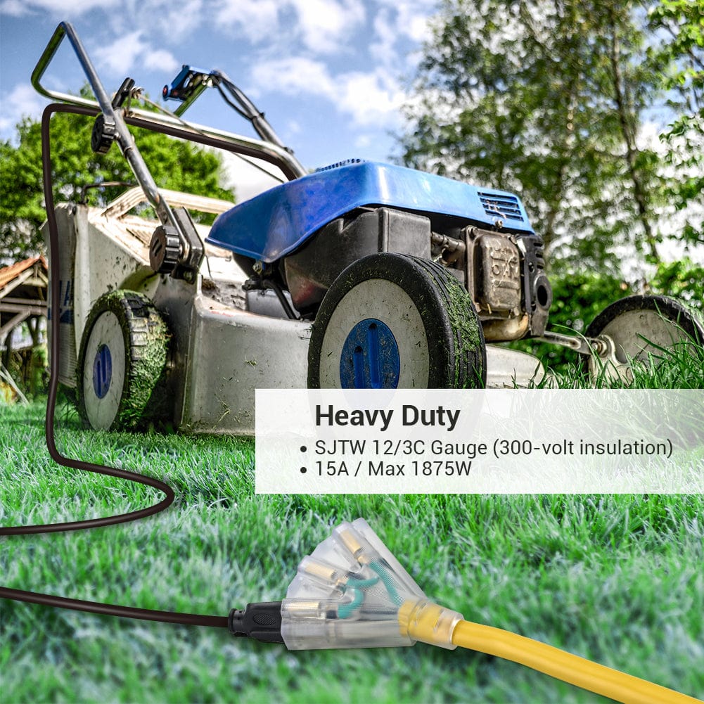 DEWENWILS 15 FT 12/3 Gauge Extension Cord Outdoor Tri-Tap Extension Cord Splitter, Heavy Duty Power Cable SJTW 15 Amp for Multiple Appliances, LED Lighted Plug-HTOY15C1