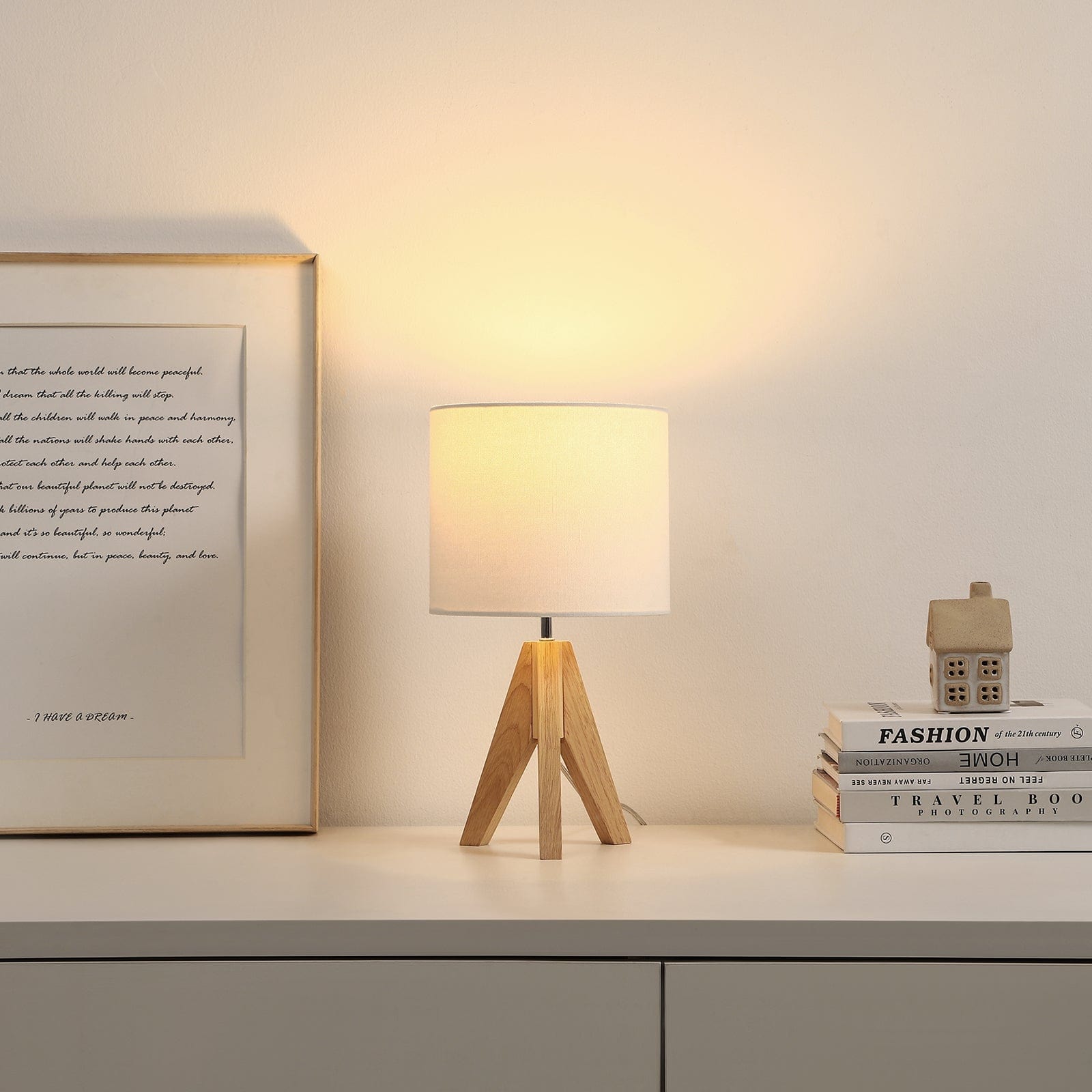 DEWENWILS 14.2 inches Bedside Table Lamp, Wood Tripod Nightstand Lamp with Linen Fabric Shade, Small Bedroom Lamp for Nightstand, Nursery, Kids Room, College Dorm, Coffee Table, Bookcase-F1HLTL05F