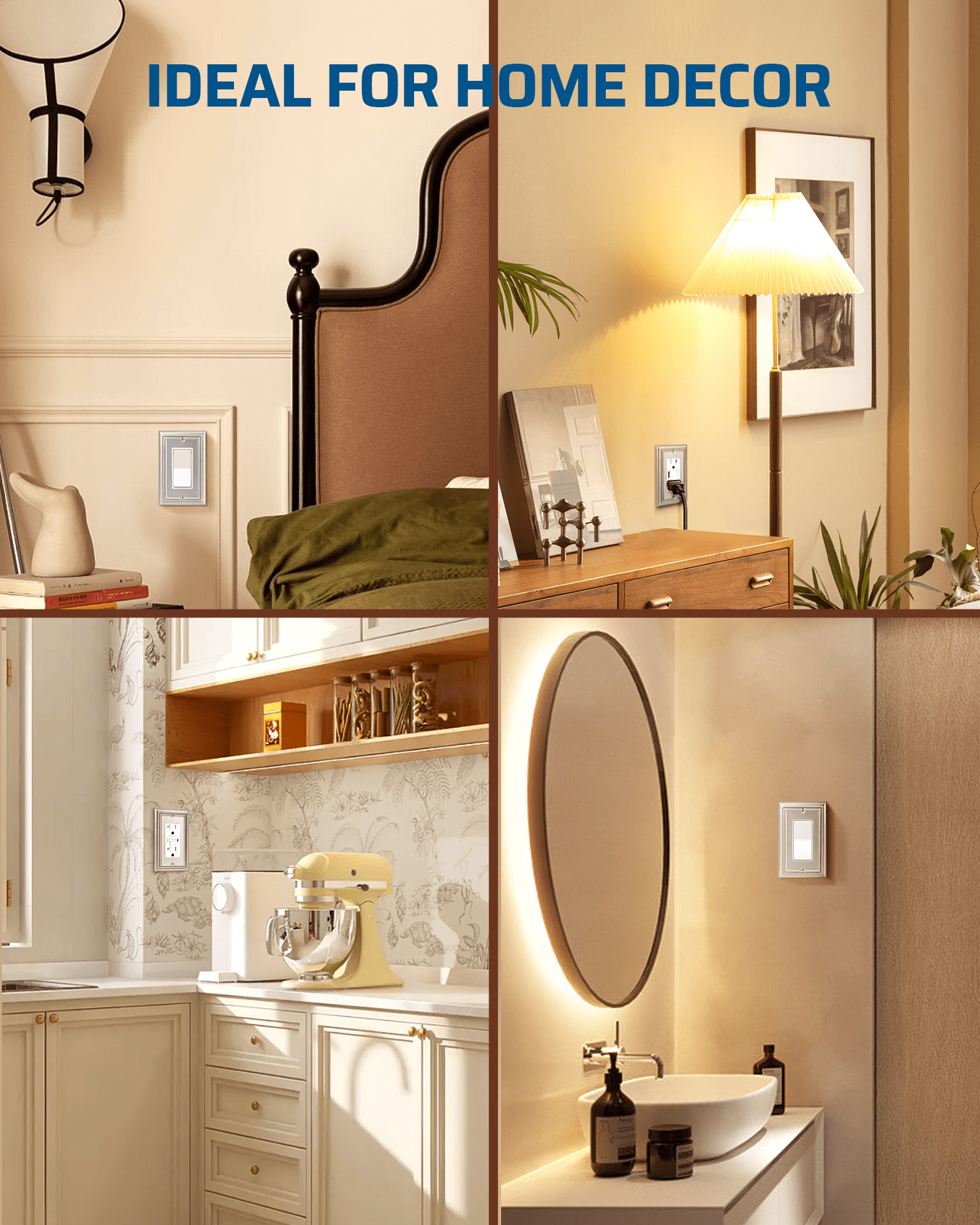 DEWENWILS 4-Pack Metal Wall Outlet Cover, Decorator Wall Plates for Receptacle, GFCI Outlet, Dimmer Switch, Satin Nickel-HRWP14A