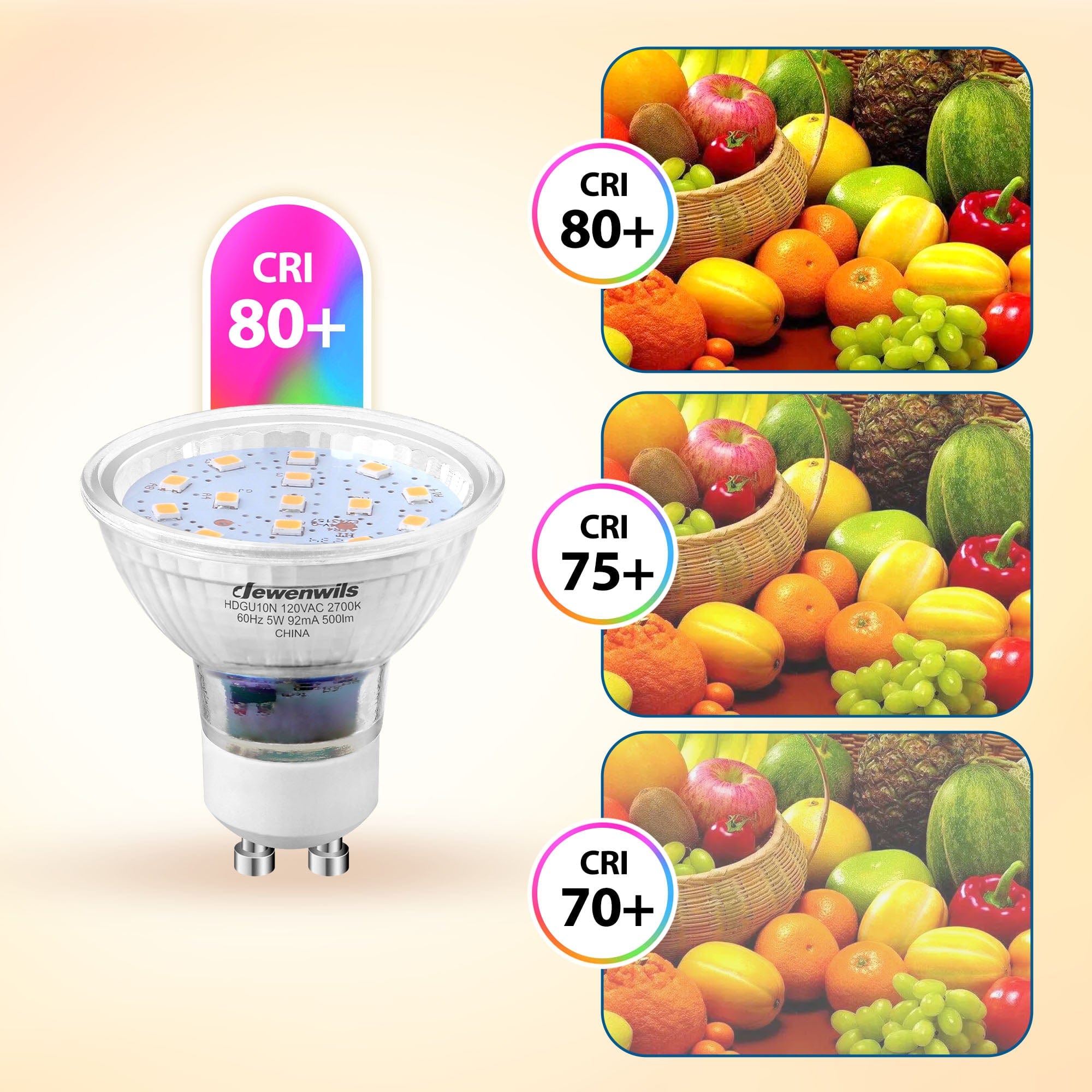 DEWENWILS Warm White Light GU10 LED Bulb Dimmable, 2700K  Two Prong Light Bulb, 5W(50W Equivalent), Track Light Bulbs for Kitchen Range Hood, Living Rroom, 120°Beam Angle, 500LM (10 Pack)-HDGU10N