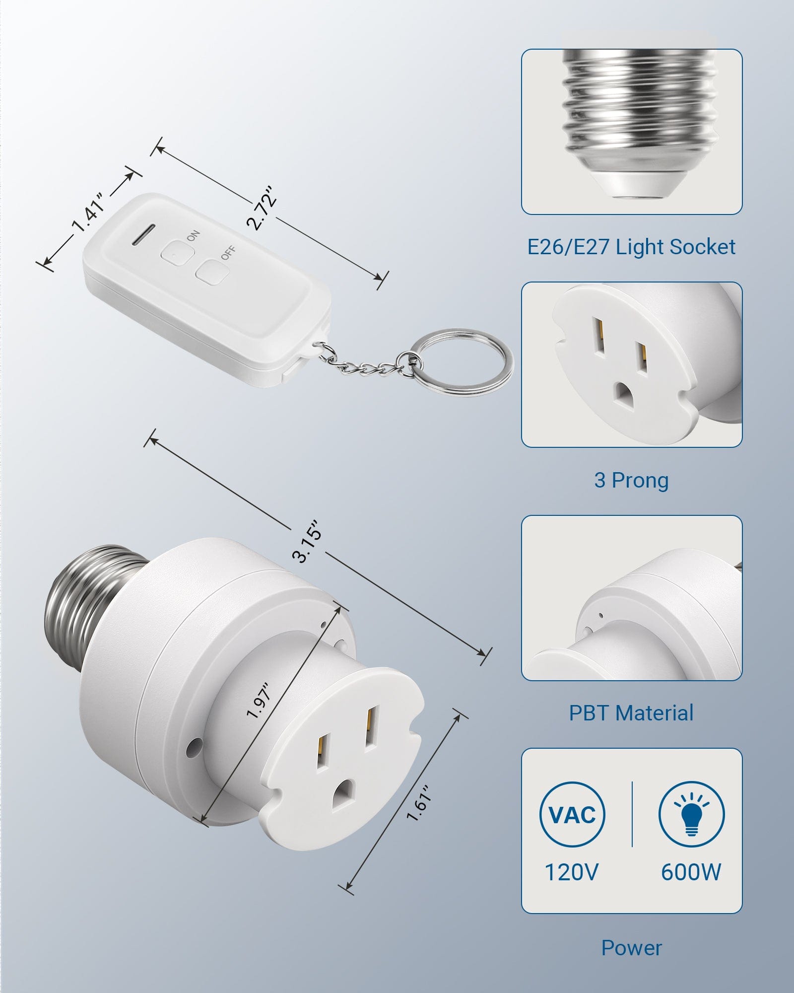 DEWENWILS 3 Prong Light Socket to Plug Adapter with 100ft Remote Control, E26/E27 Adapter, 2 & 3 Prong Light Socket Adapter for Porch Patio Garage-HRLC11C