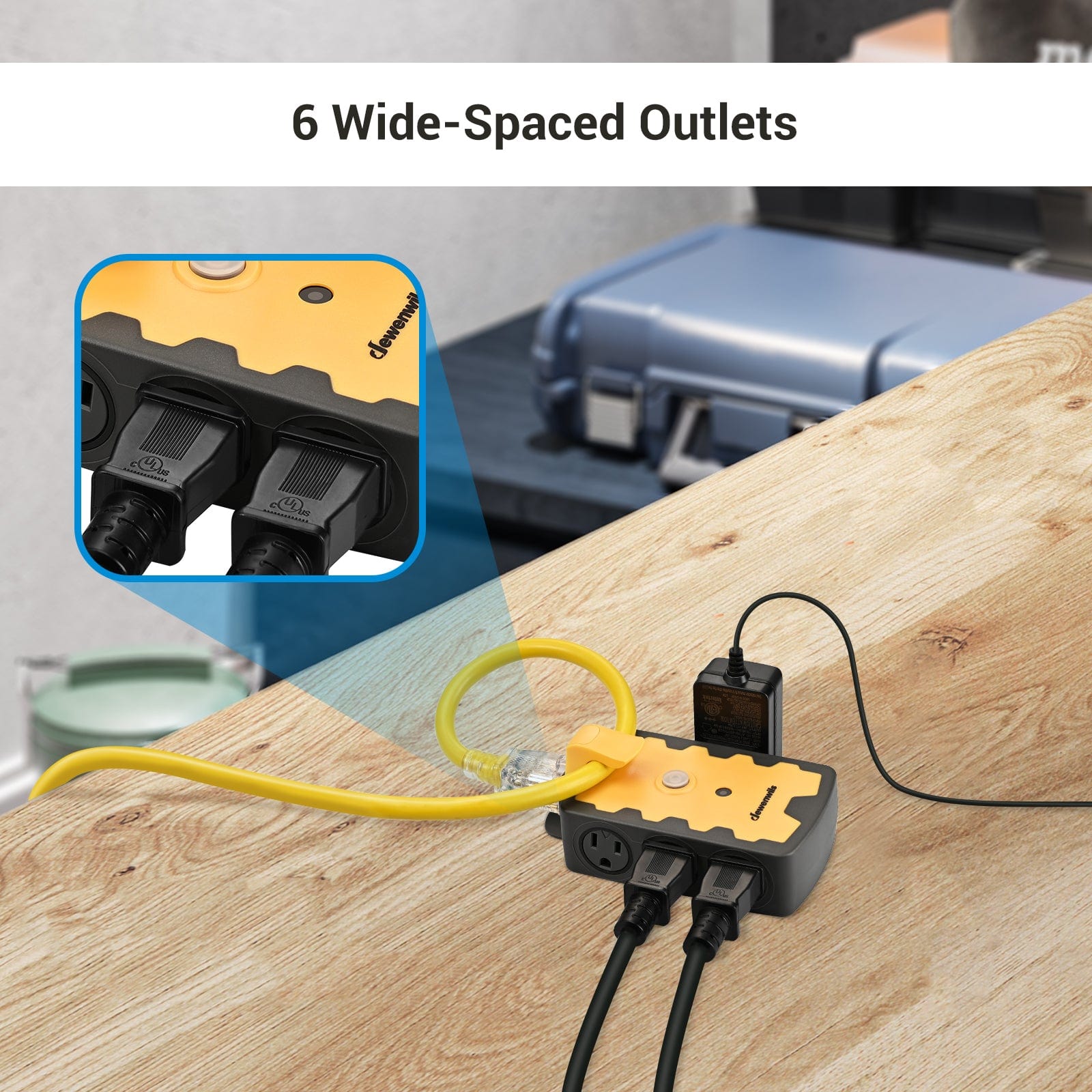 DEWENWILS 6-Outlet Extension Cord Plug Adapter, 3-Prong Grounded Multi-Plug Extender for Indoor Outdoor Extension Cords, 15Amp Circuit Breaker, Swivel Safety Covers-HEPA02B