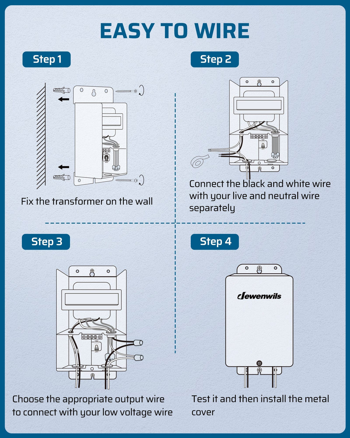 DEWENWILS 100W Low Voltage Transformer wiring steps