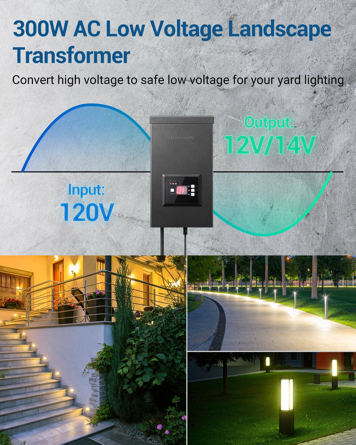 DEWENWILS 300W Outdoor Low Voltage Transformer – Timer & Photocell Sensor, 120V To 12V/14V AC, Weatherproof For Landscape Lights